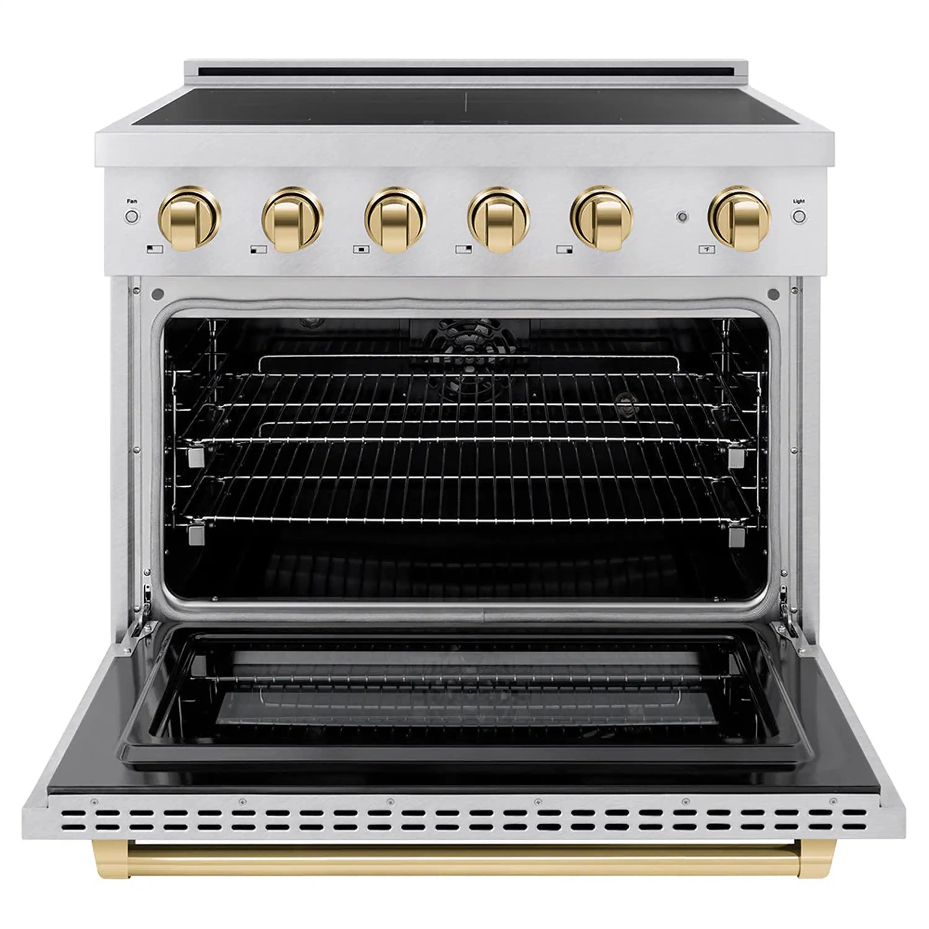 Induction range with open oven door, black racks, and polished gold control knobs