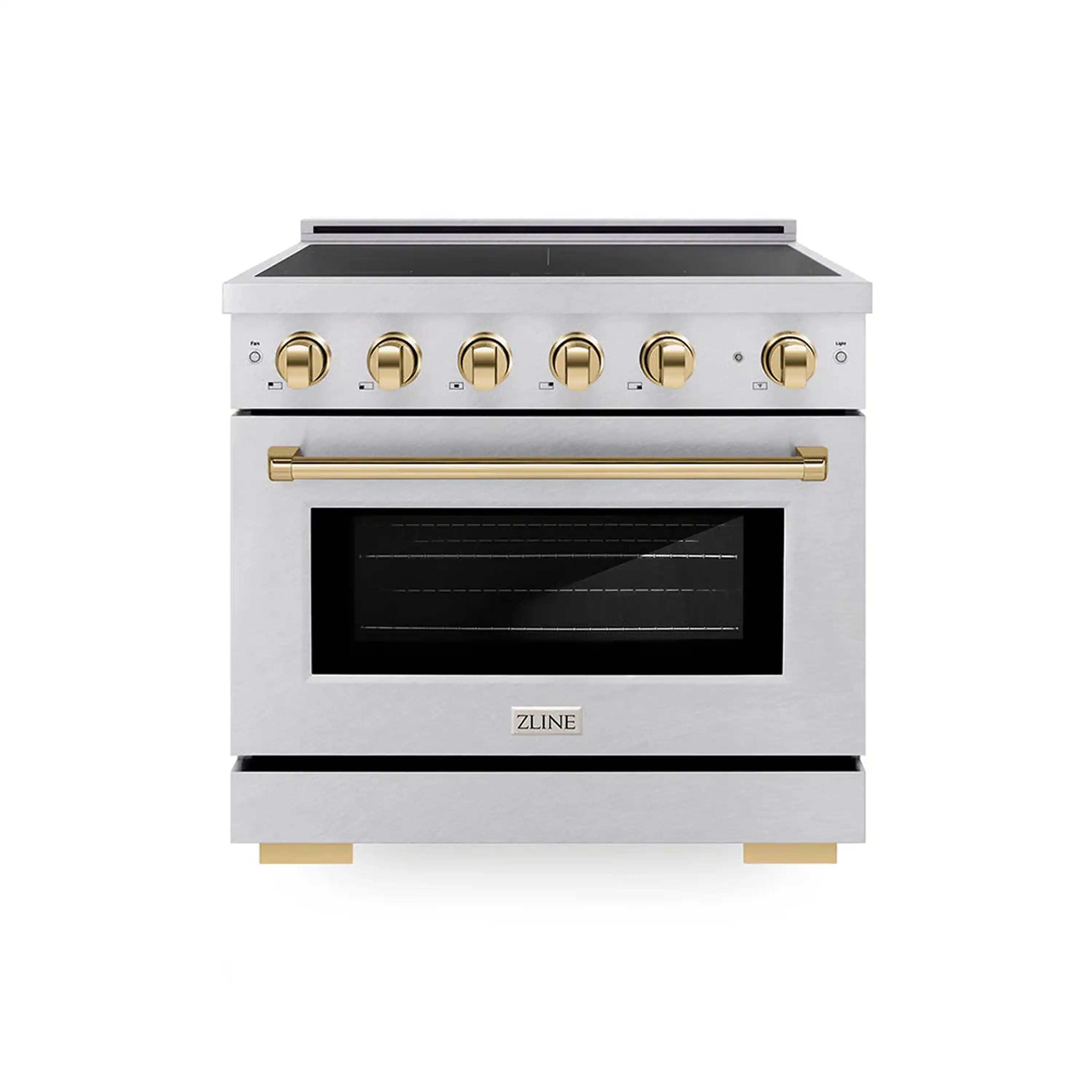 Satin stainless induction range front with black oven door window and gold knobs
