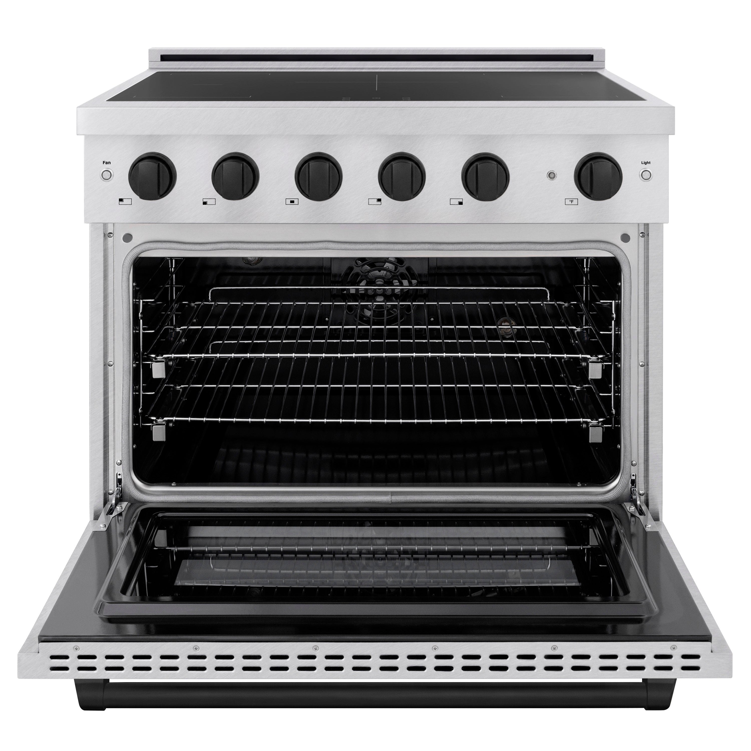 Electric convection oven door open with rack and baking cavity inside