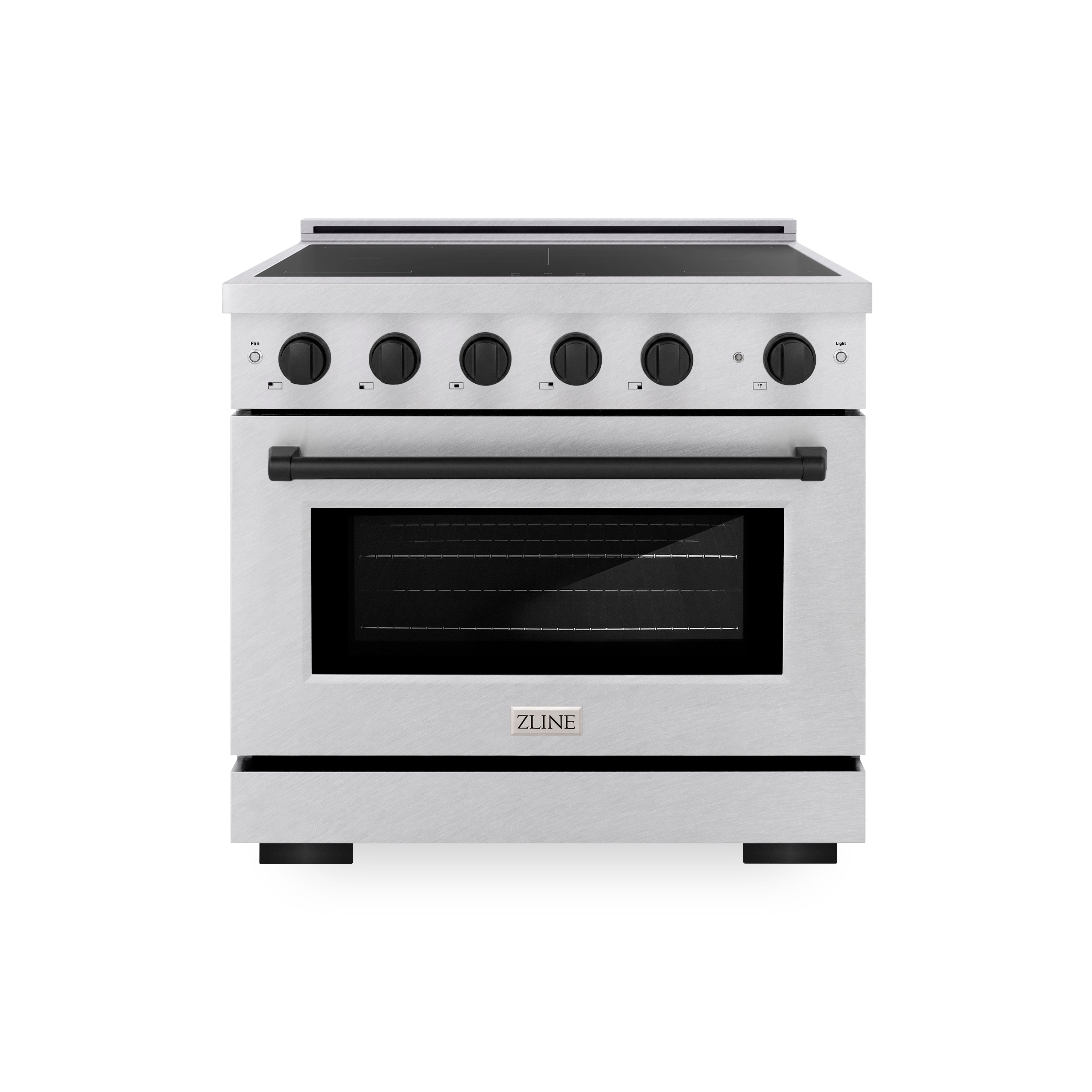Satin stainless induction range with black oven window and front control knobs
