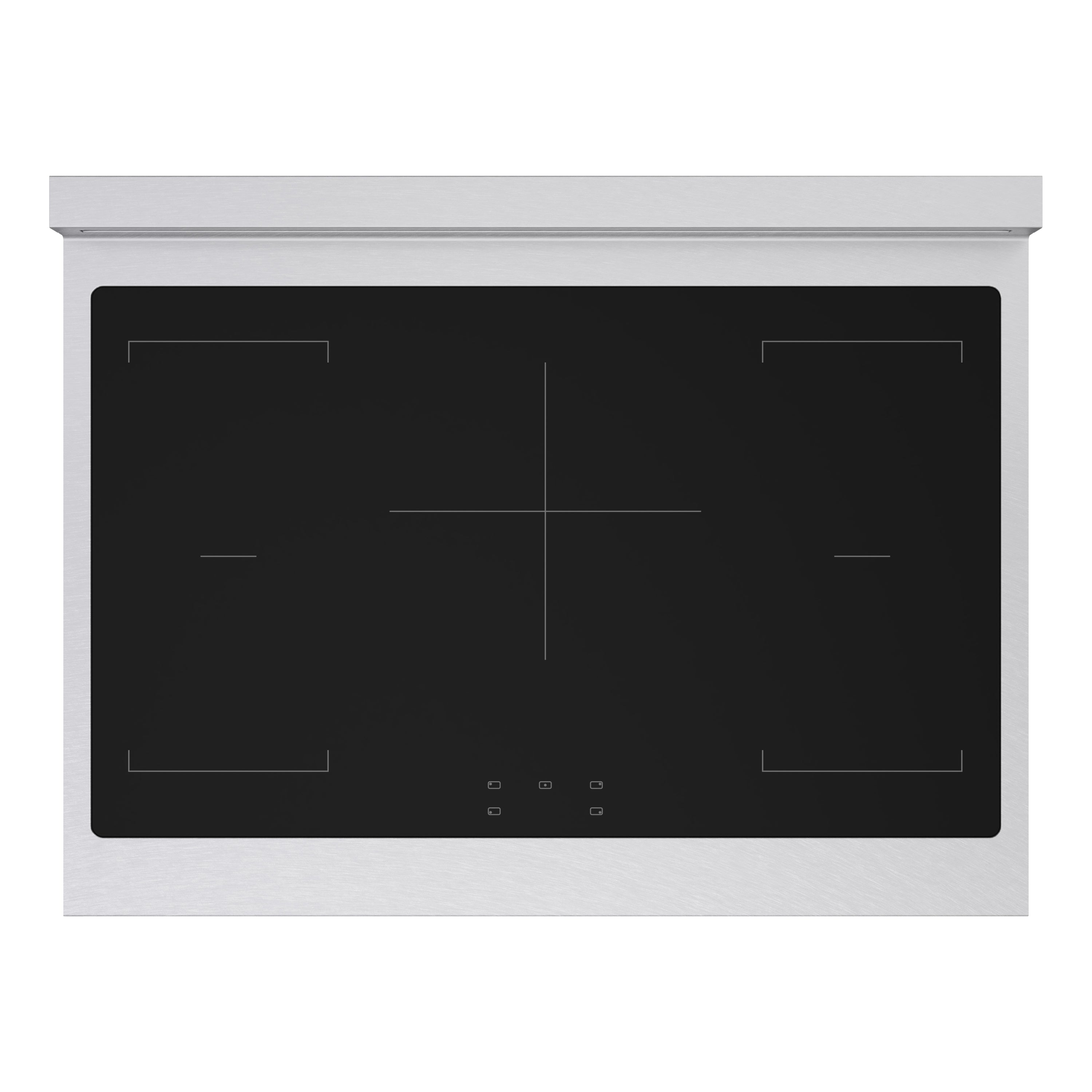 Induction range cooktop with black glass surface and frameless control layout