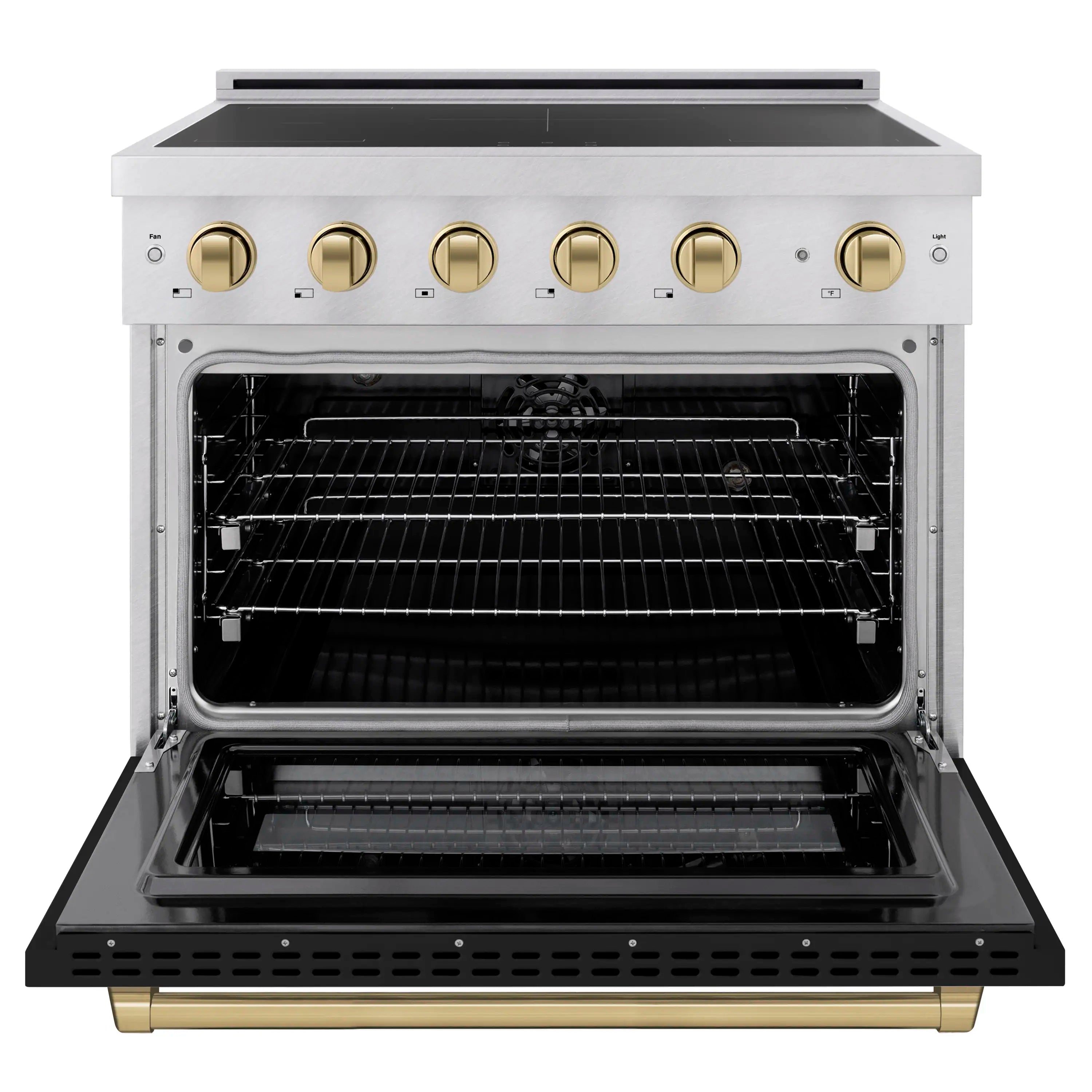 Open convection oven with wire racks and black interior cavity