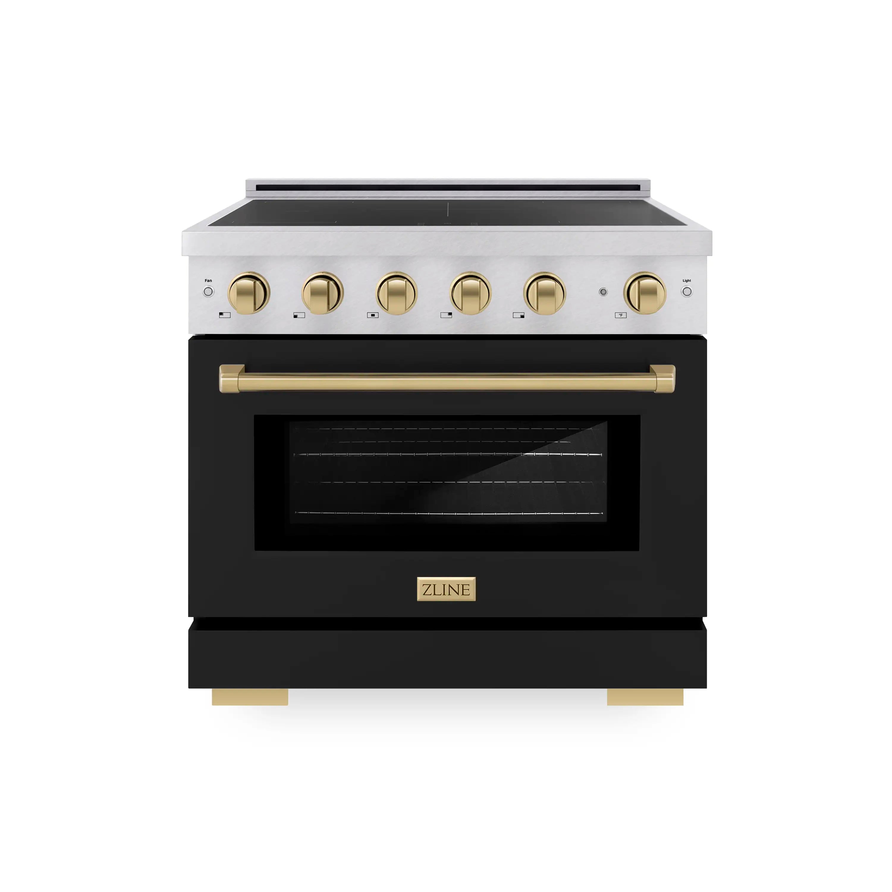 Satin stainless induction range with black matte oven door and bronze control knobs