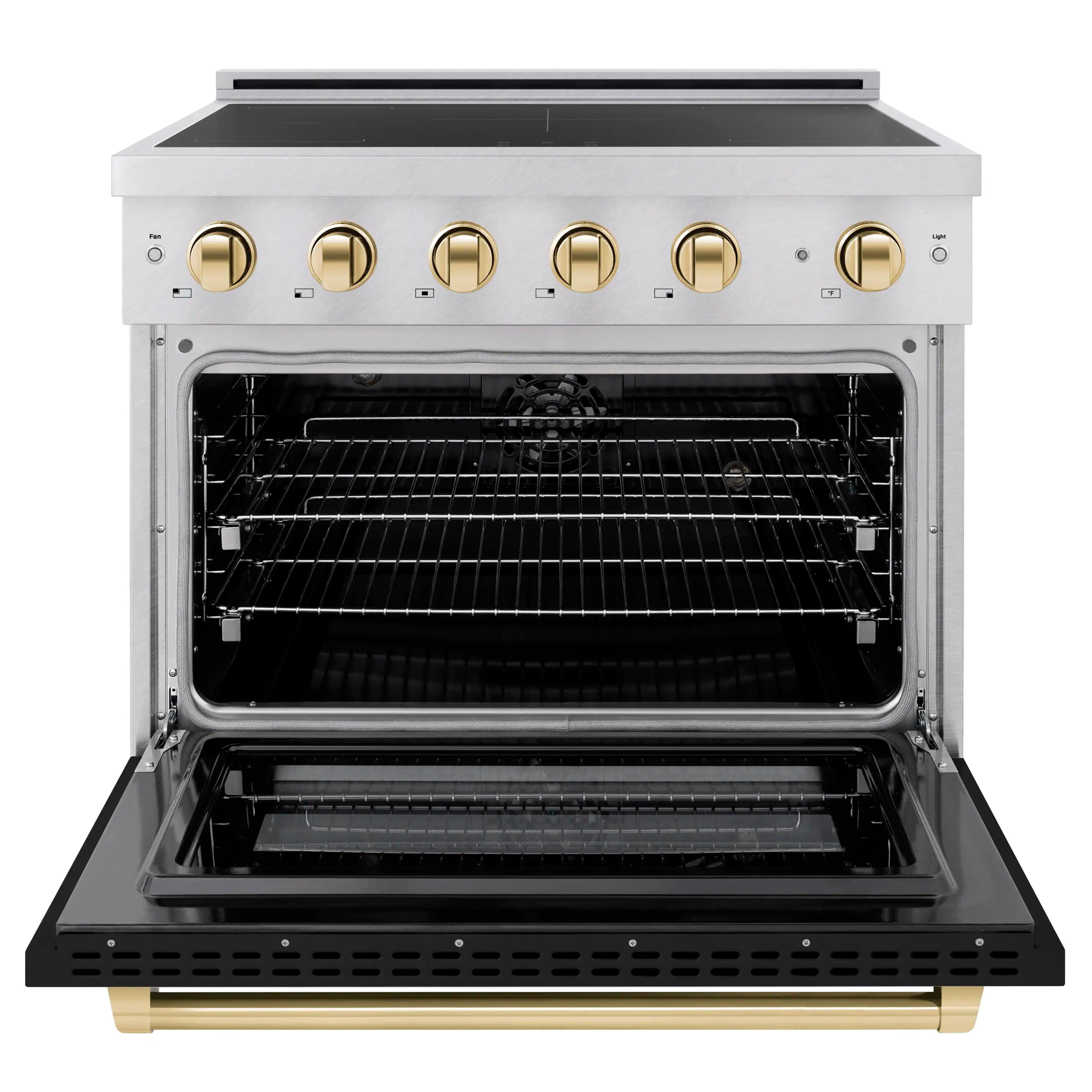 Induction range oven with open black door and interior wire rack