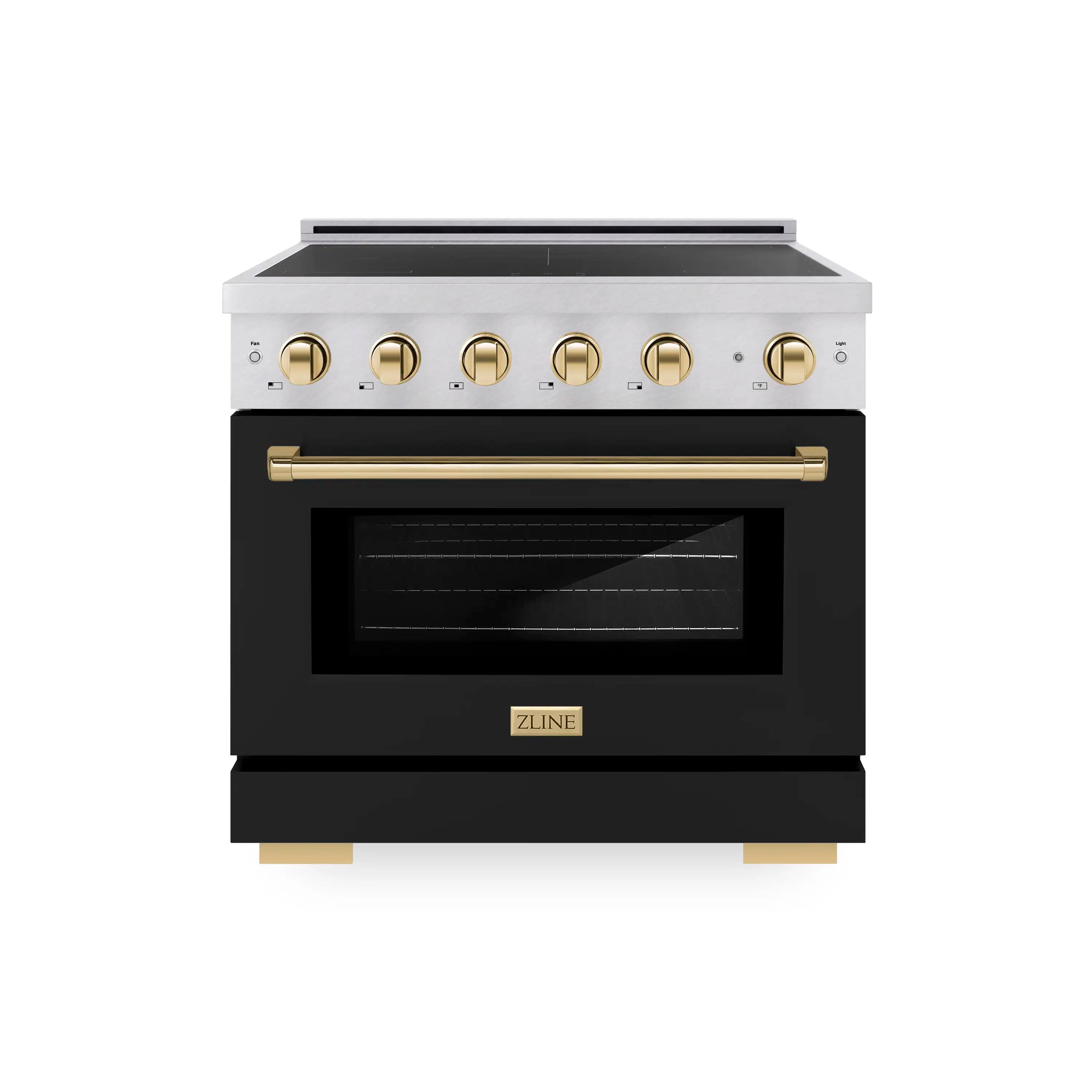 Induction range front with black oven door and polished gold control knobs