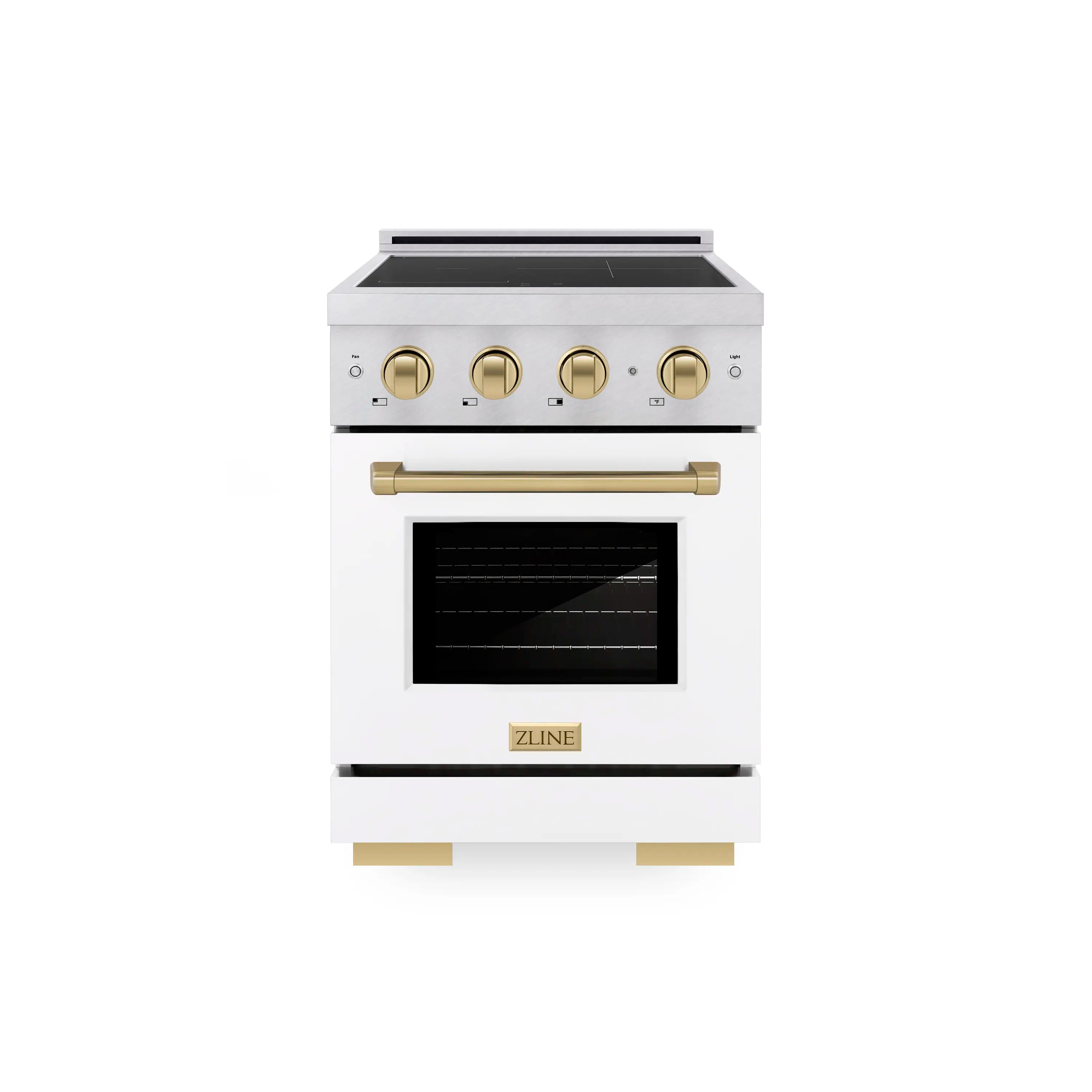 Satin stainless steel induction range with white oven door and bronze control knobs