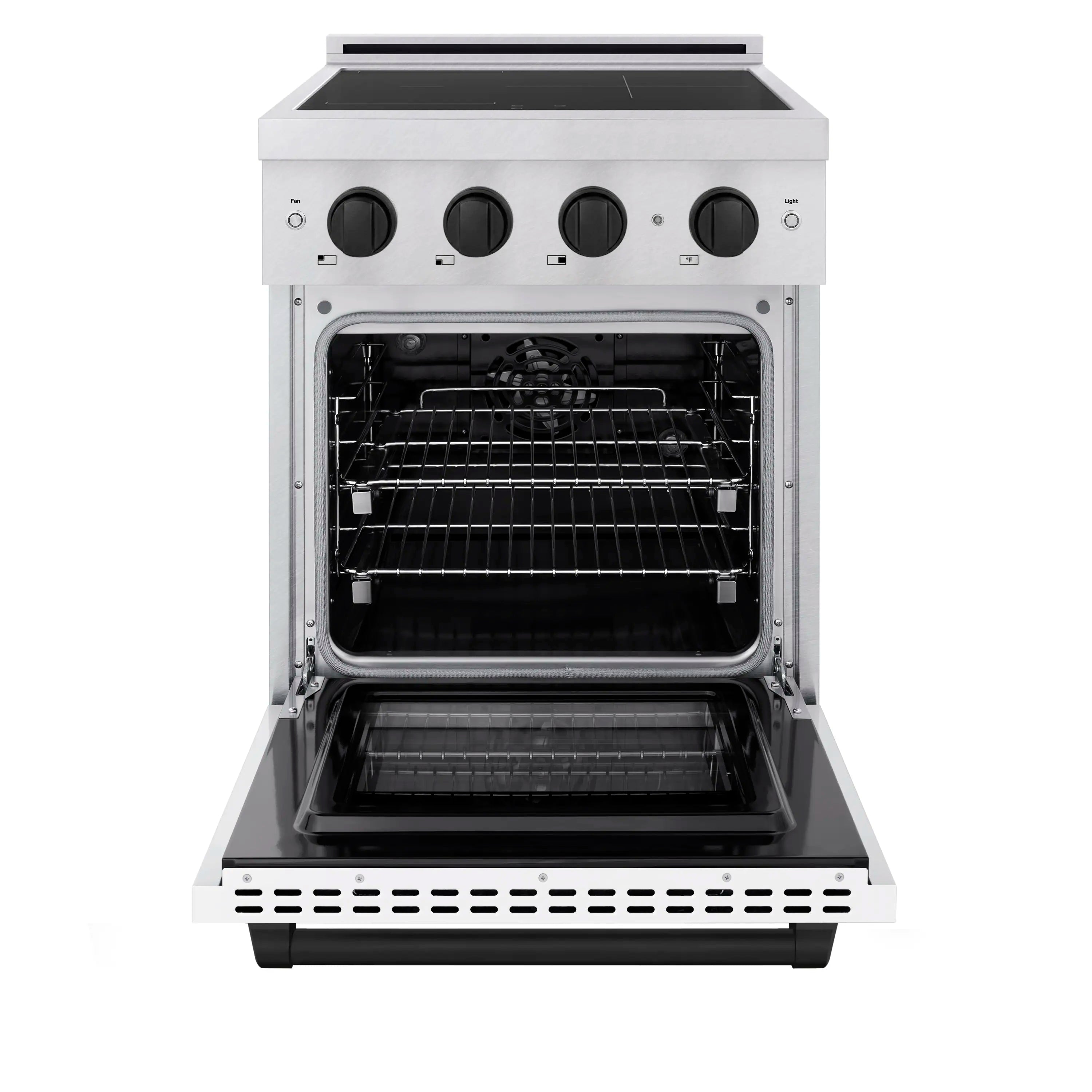 Induction oven with open door and wire rack inside, black oven cavity