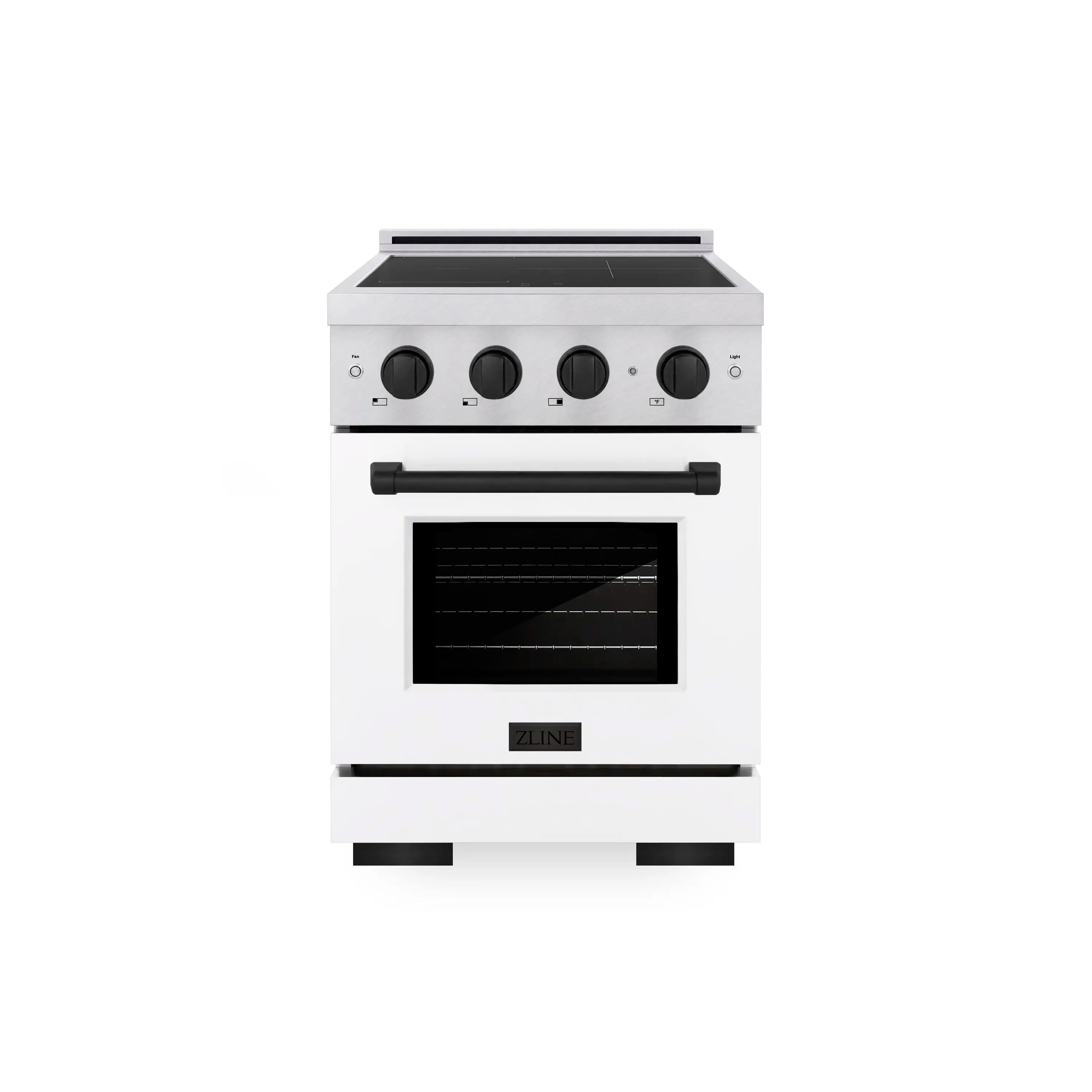 Satin stainless induction range front with black oven window and control knobs