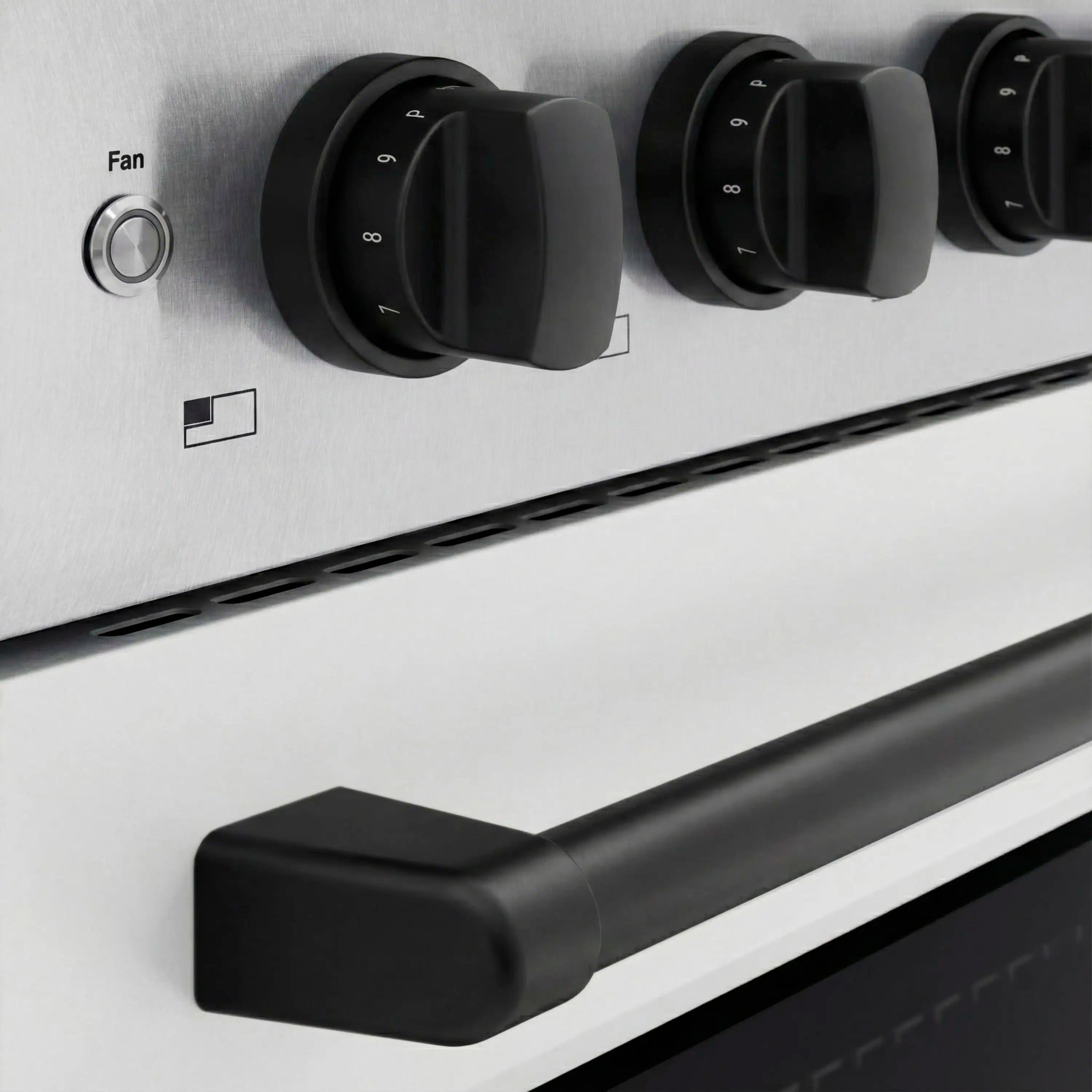 Induction range control knobs with fan setting marking and black front handle