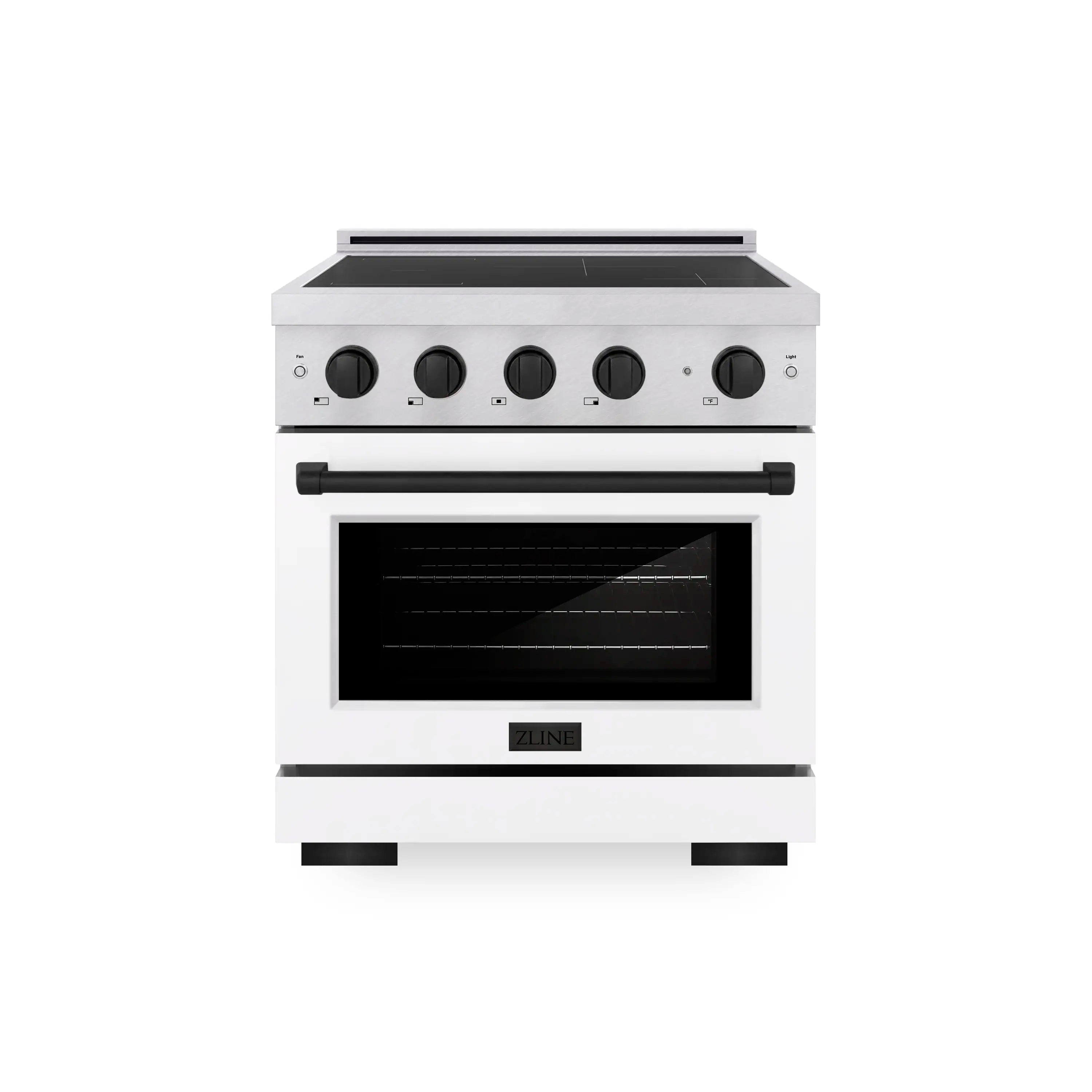 30-inch induction range with four black knobs, black cooktop glass, and convection oven