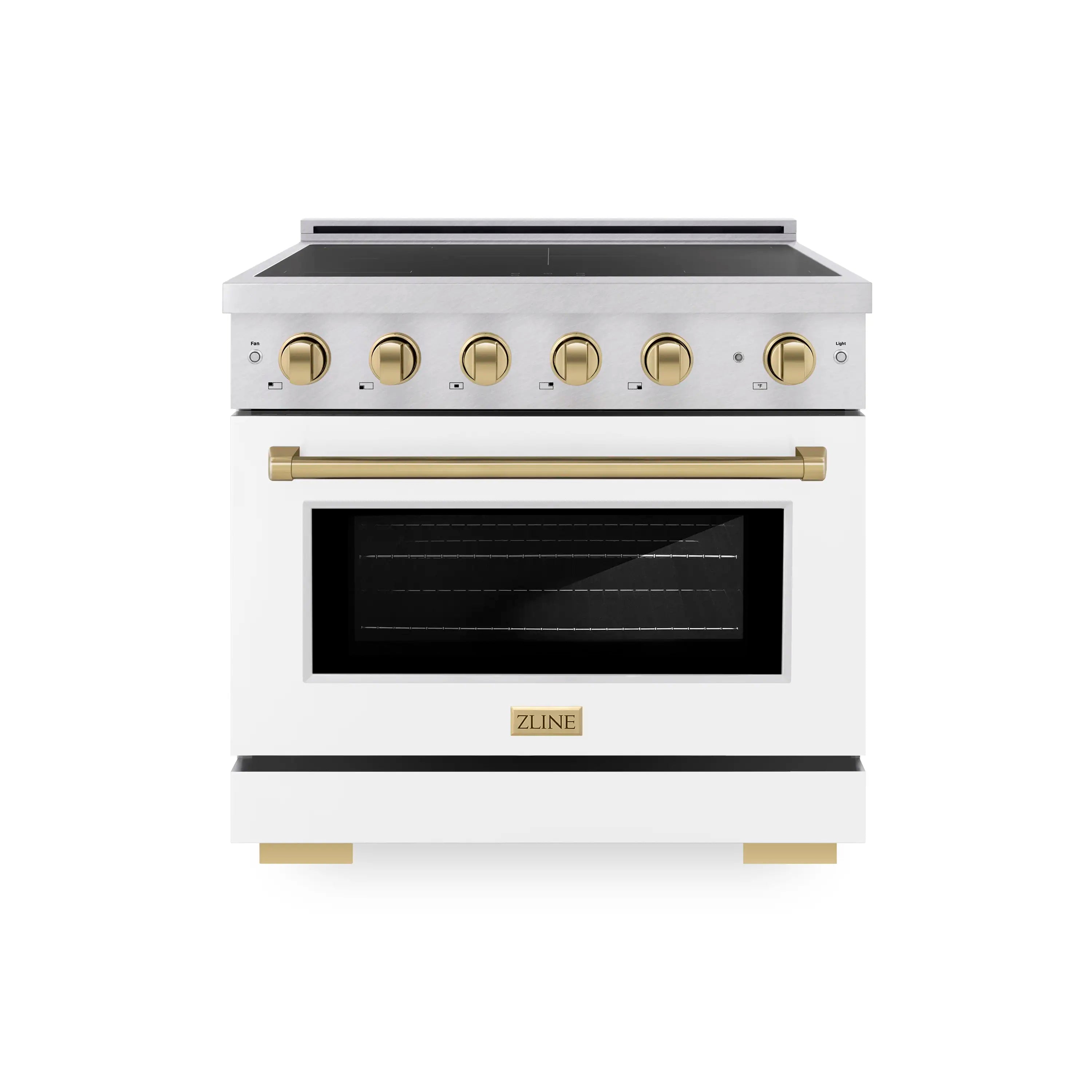 White-front electric convection oven with gold control knobs and satin stainless body
