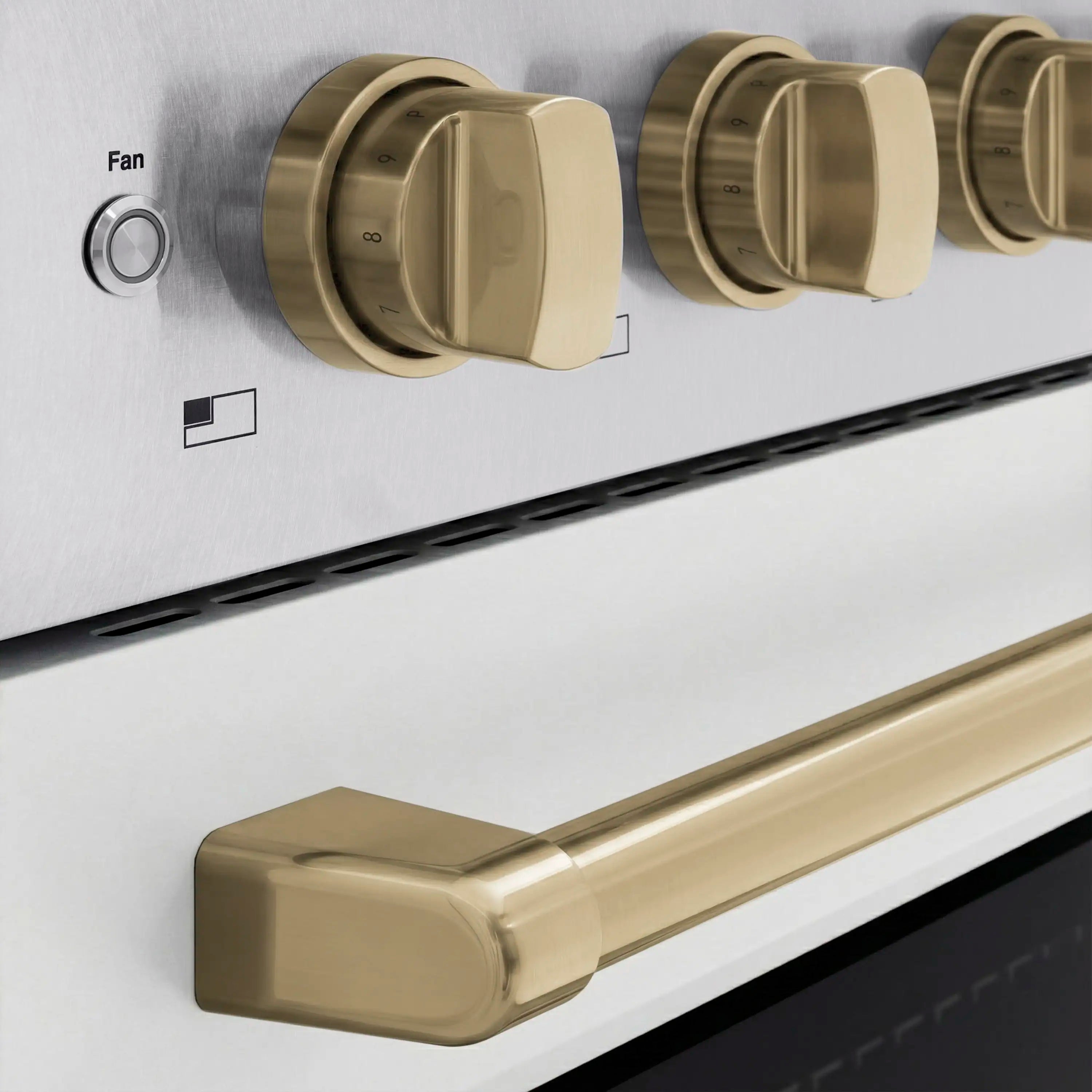 Stainless control panel with gold rotating knobs and fan control dial