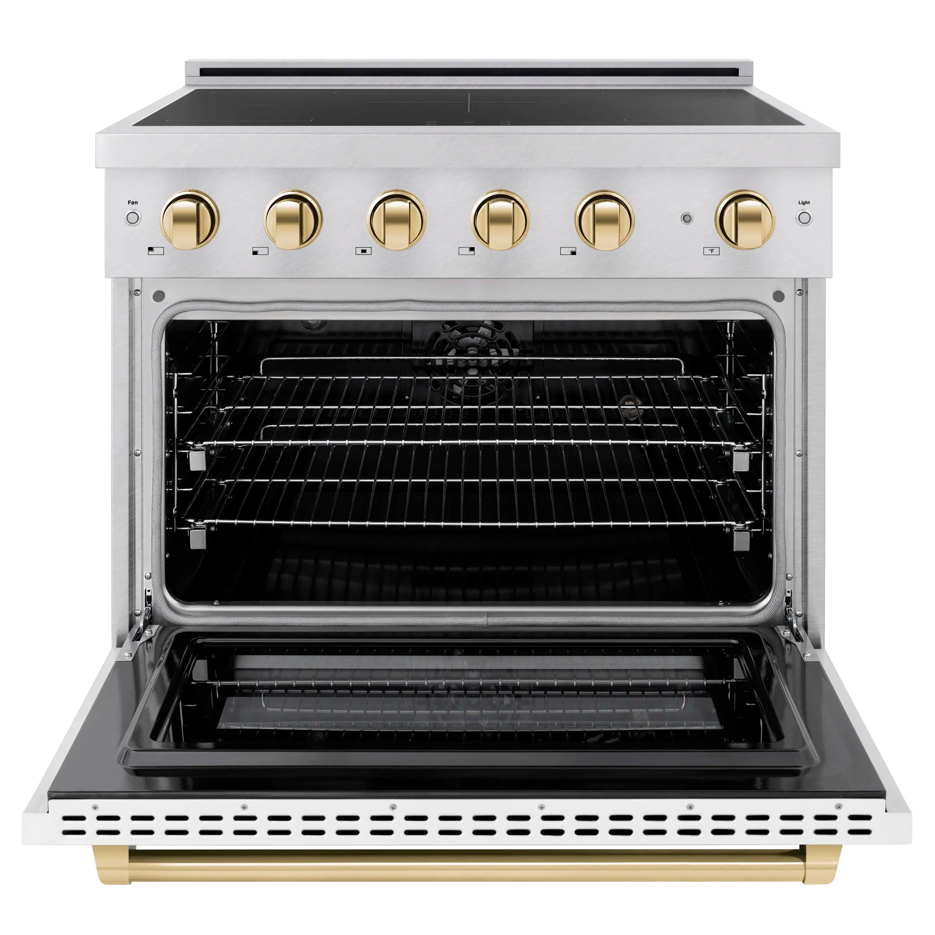 Open electric convection oven door with racks and five gold control knobs