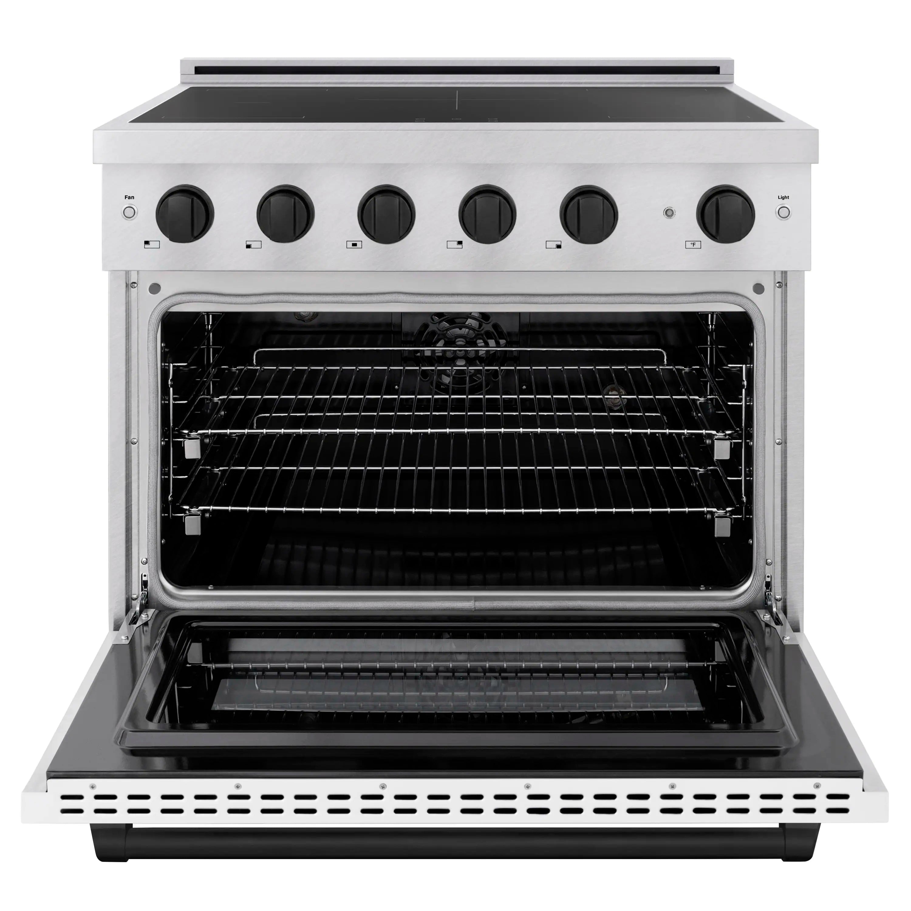 Electric induction range with open oven door showing wire racks and heating elements