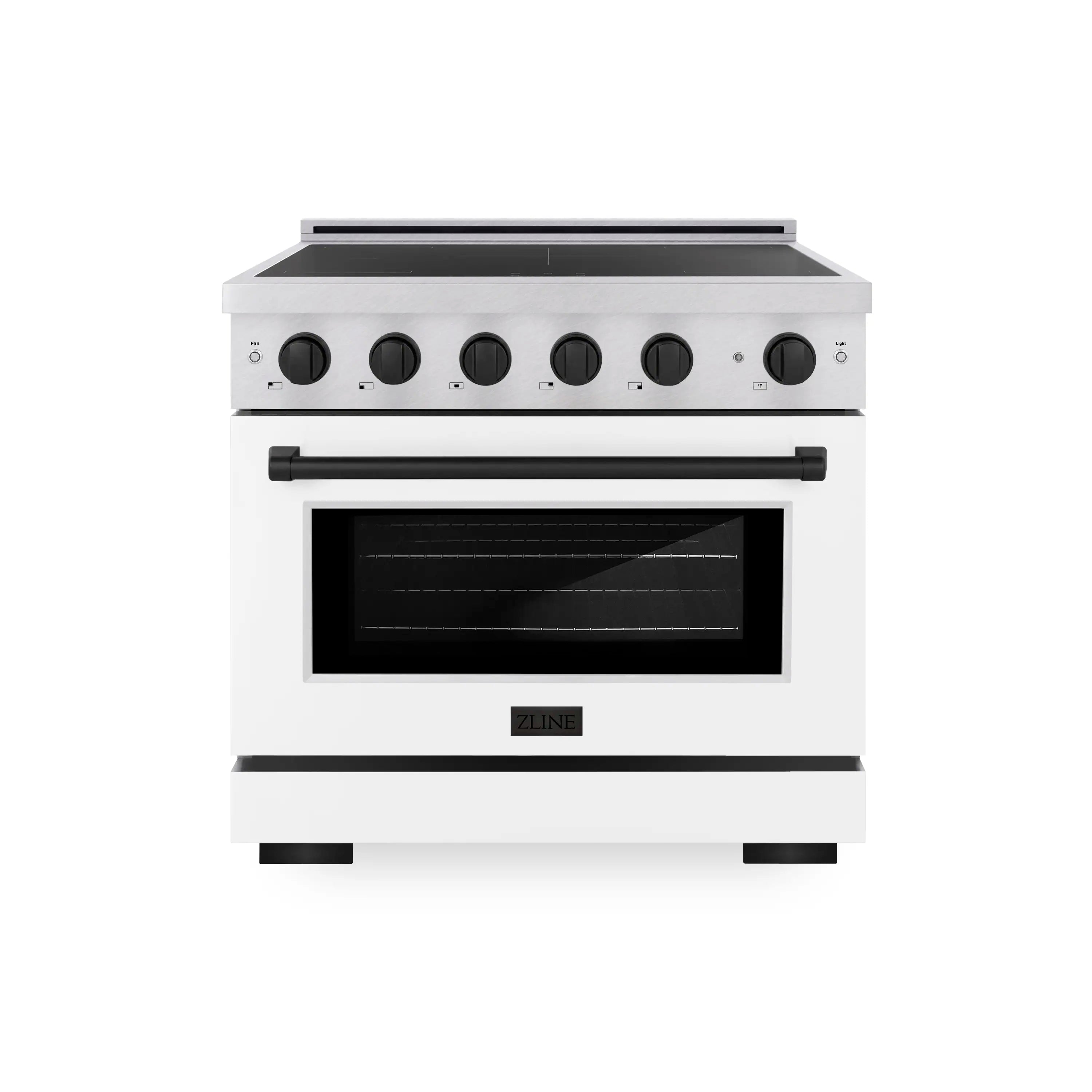 Electric induction range with stainless steel body, black oven window, and control knobs