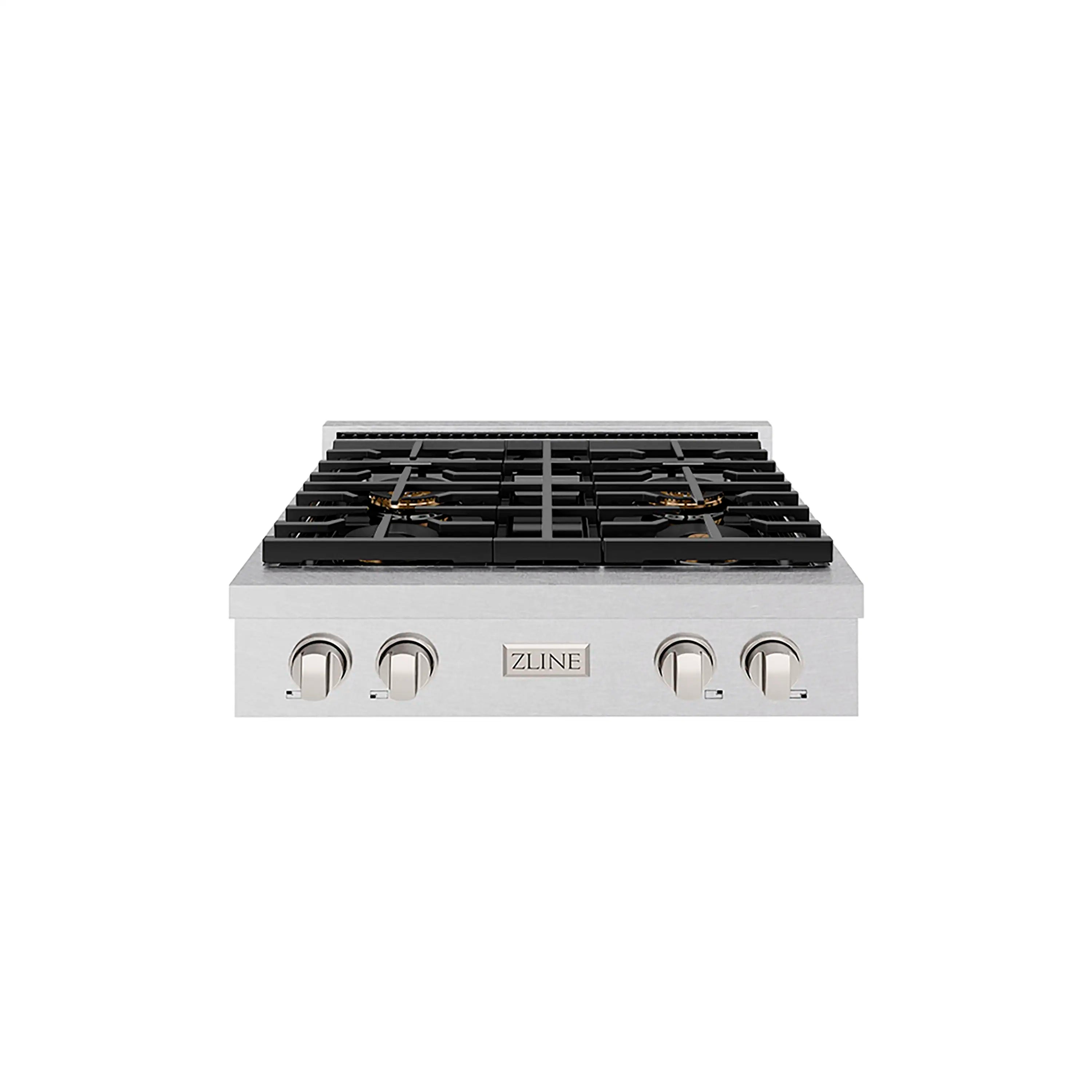 Stainless steel 4-burner gas cooktop with black grates and four control knobs
