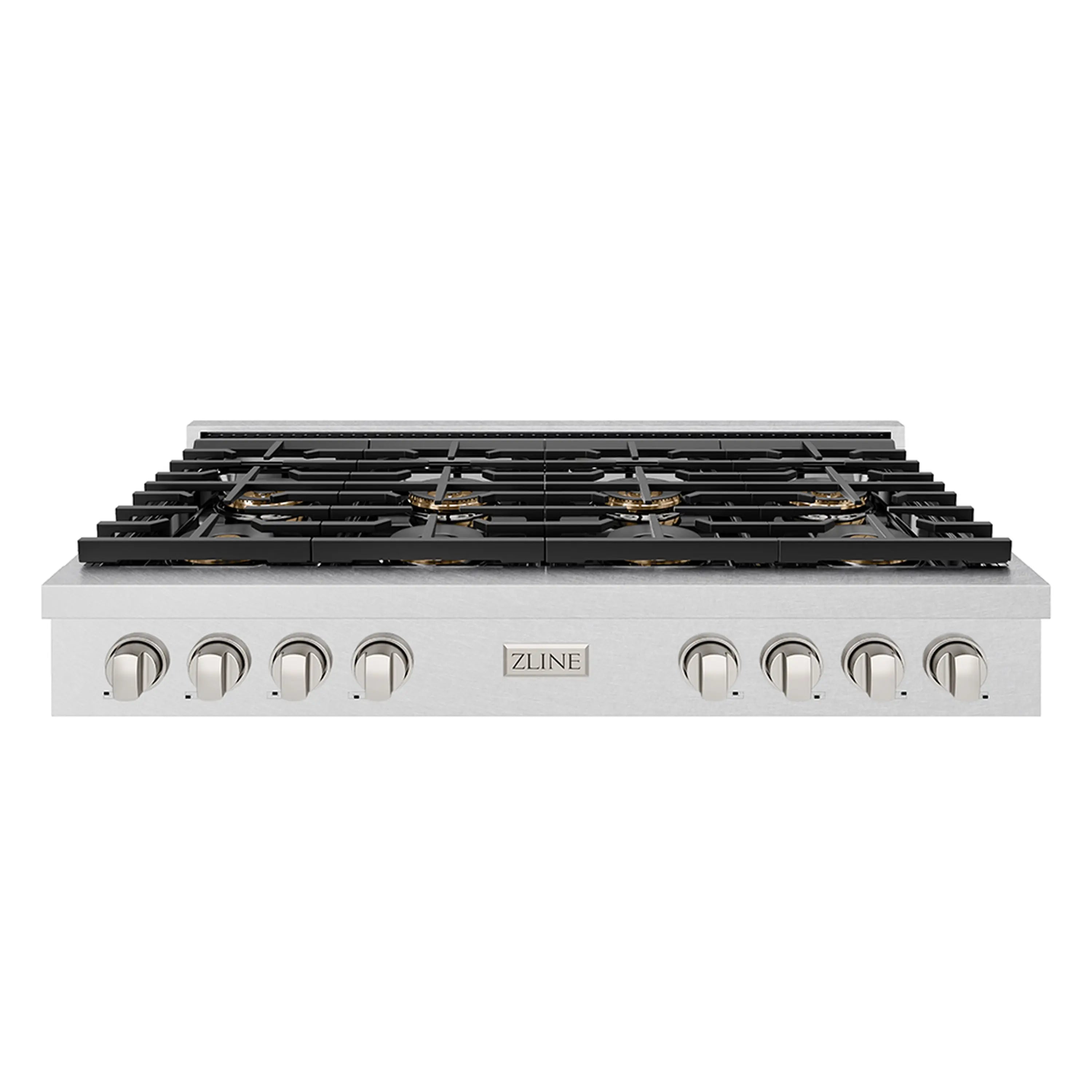 Stainless steel gas rangetop with black grate grates and front control knobs