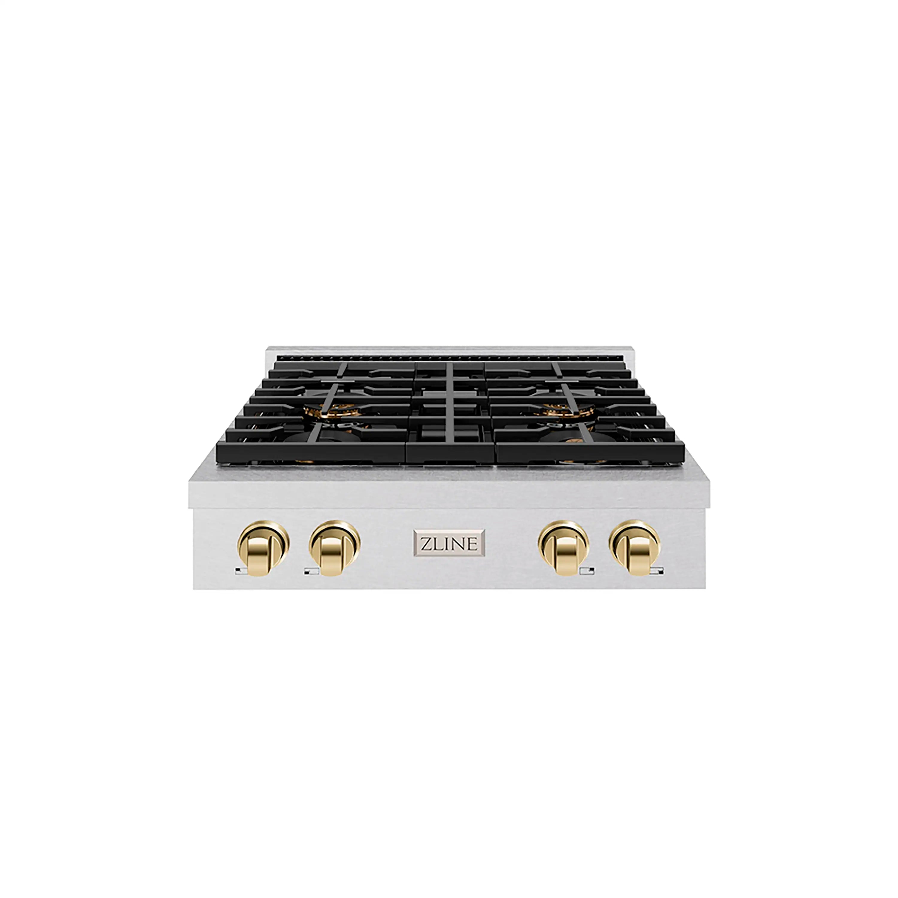 30-inch gas rangetop with black grates, gold knobs, and satin stainless steel finish