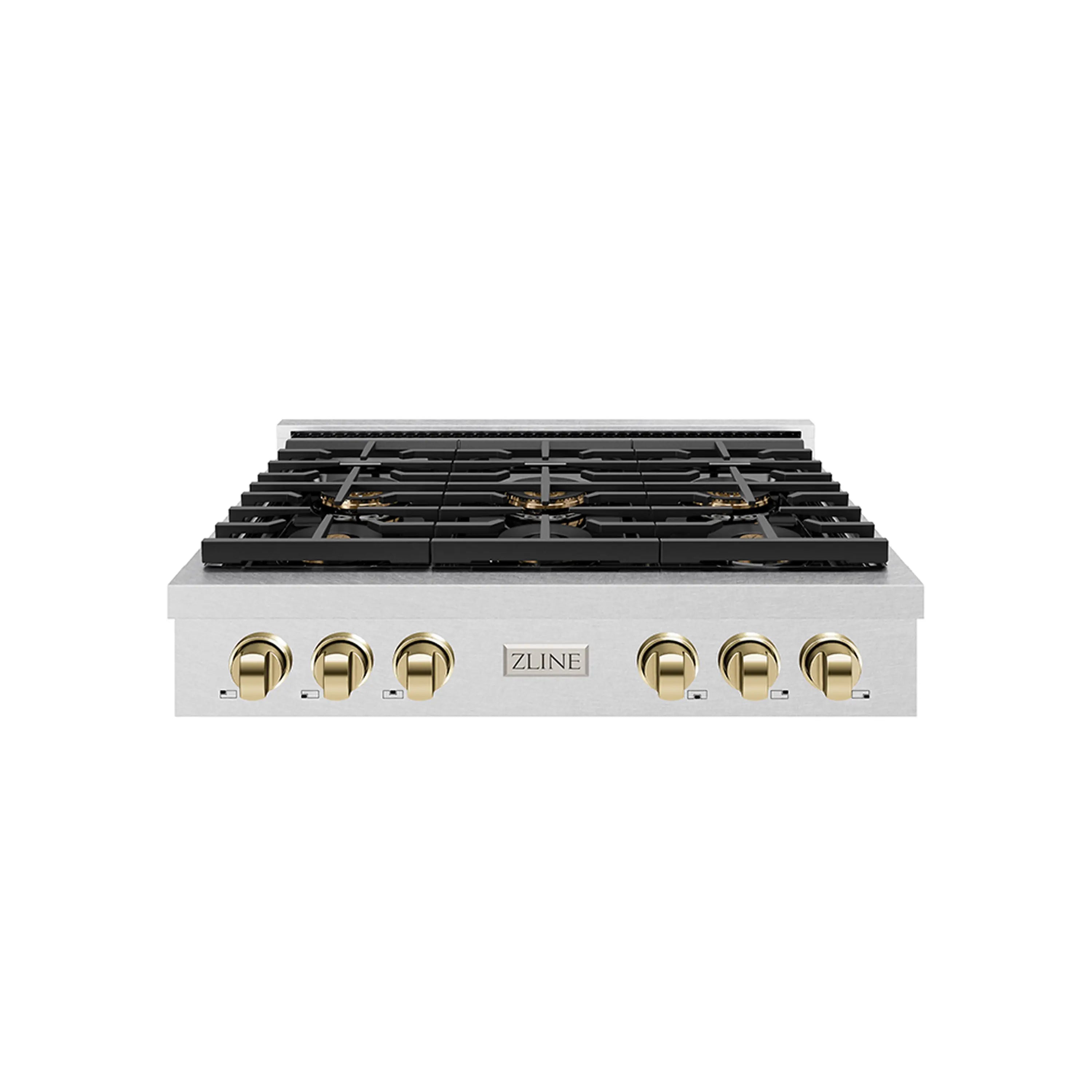 36-inch gas cooktop front view with satin stainless finish and gold control knobs