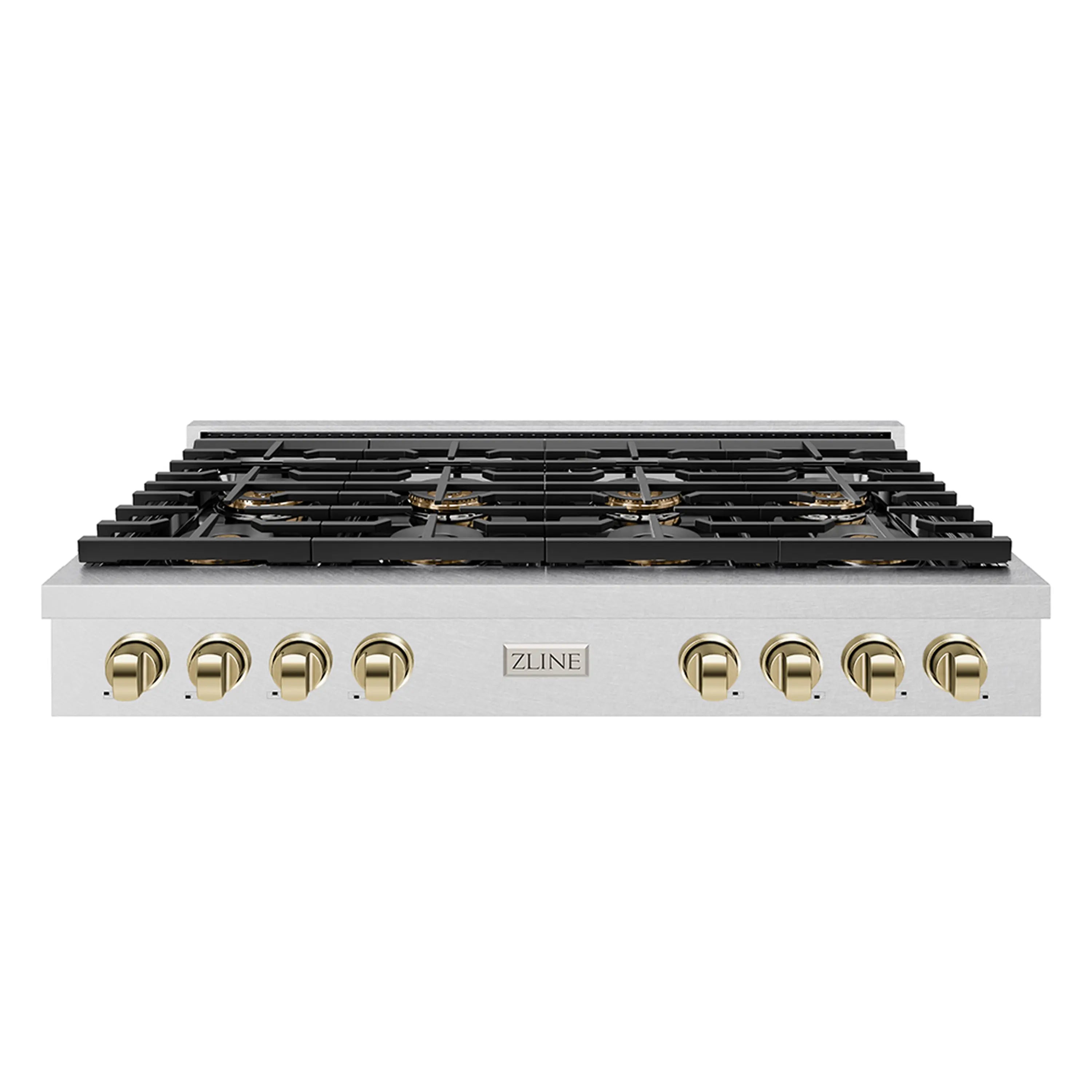 Eight-burner gas rangetop with satin stainless body and gold control knobs