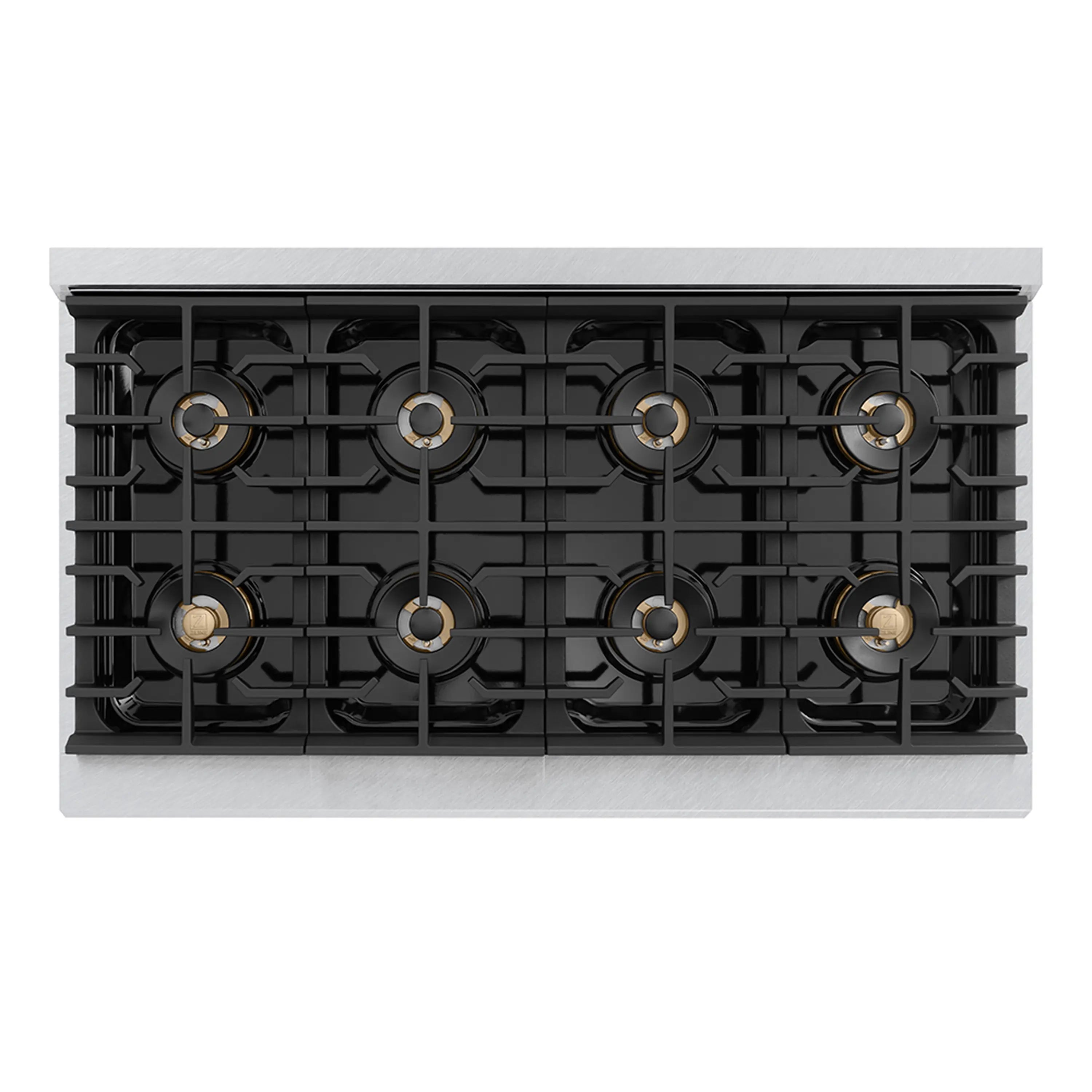 Front view of eight-burner gas rangetop with black grates and gold burner accents