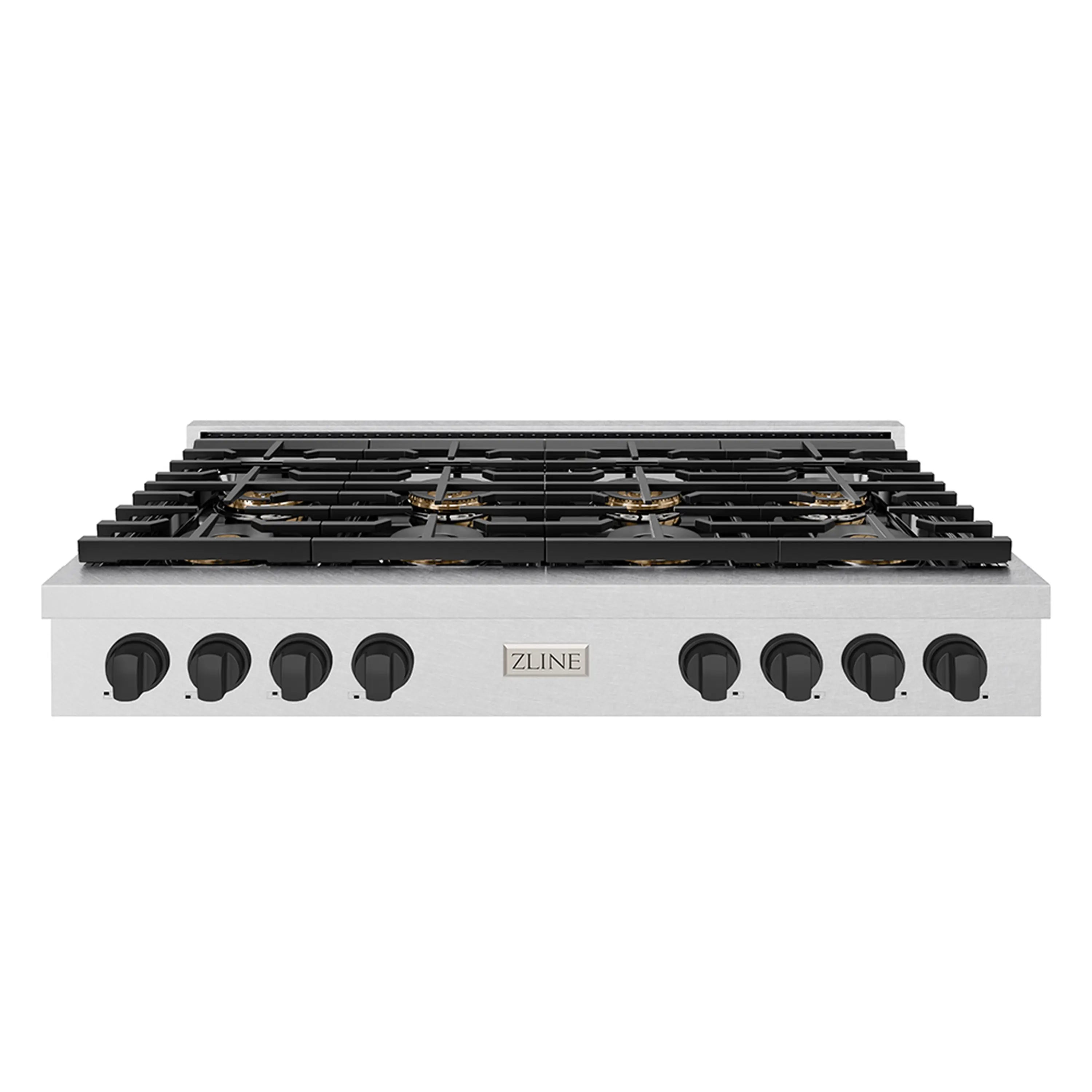 Gas rangetop with black grates, stainless front panel, and eight control knobs