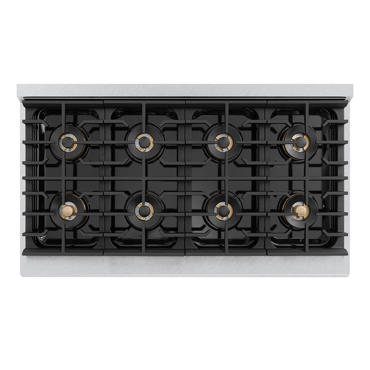 Gas rangetop with eight burners and black cast-iron grates