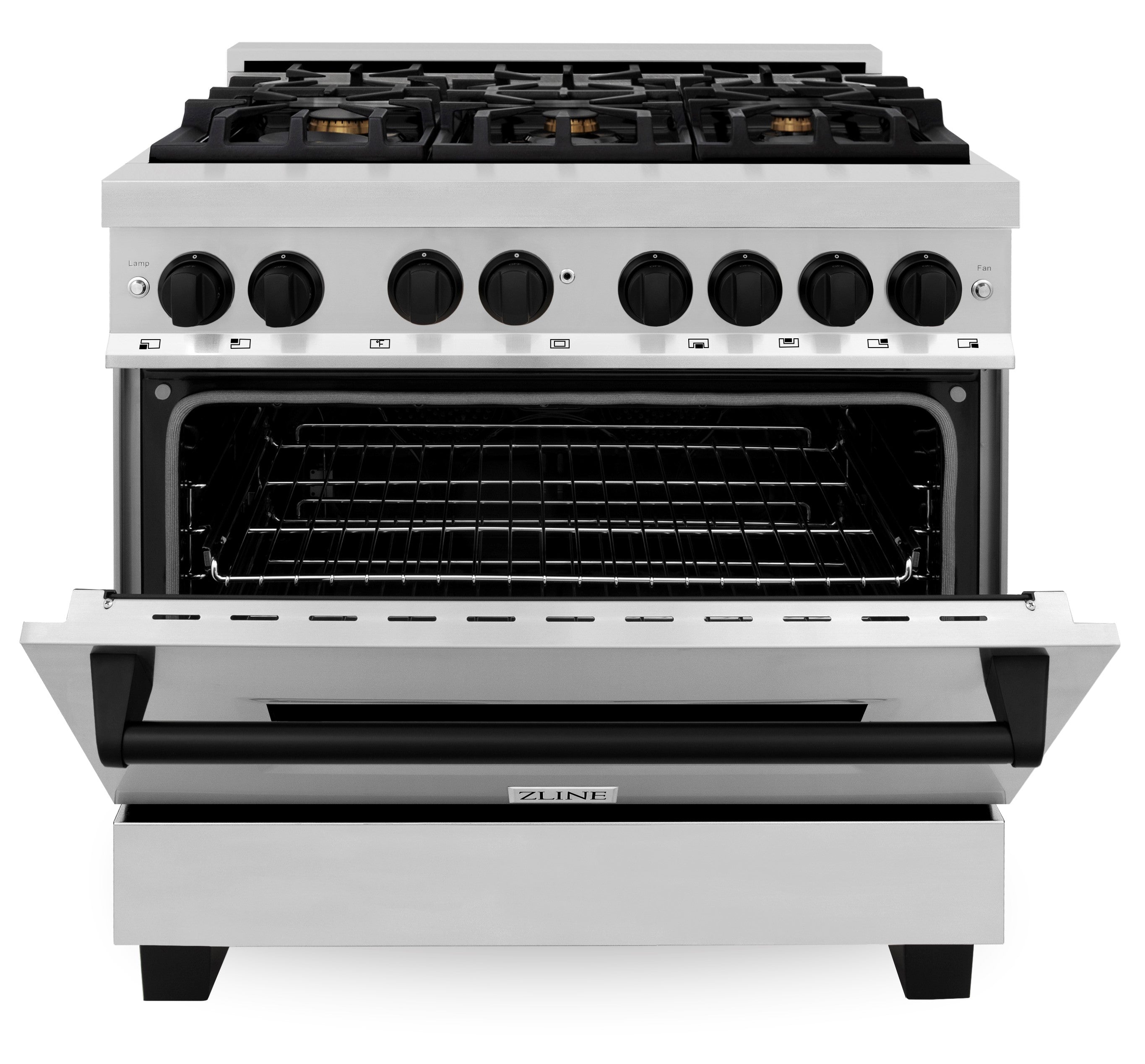 Stainless steel dual fuel range with open-door oven and black interior rack