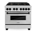 ZLINE 5-Piece Appliance Package - 36-Inch Legacy Autograph Dual Fuel Range, Wall Mount Range Hood, 36-Inch French Door Refrigerator with Water Dispenser, Dishwasher, and 30-Inch Microwave Drawer in Stainless Steel with Matte Black Accents