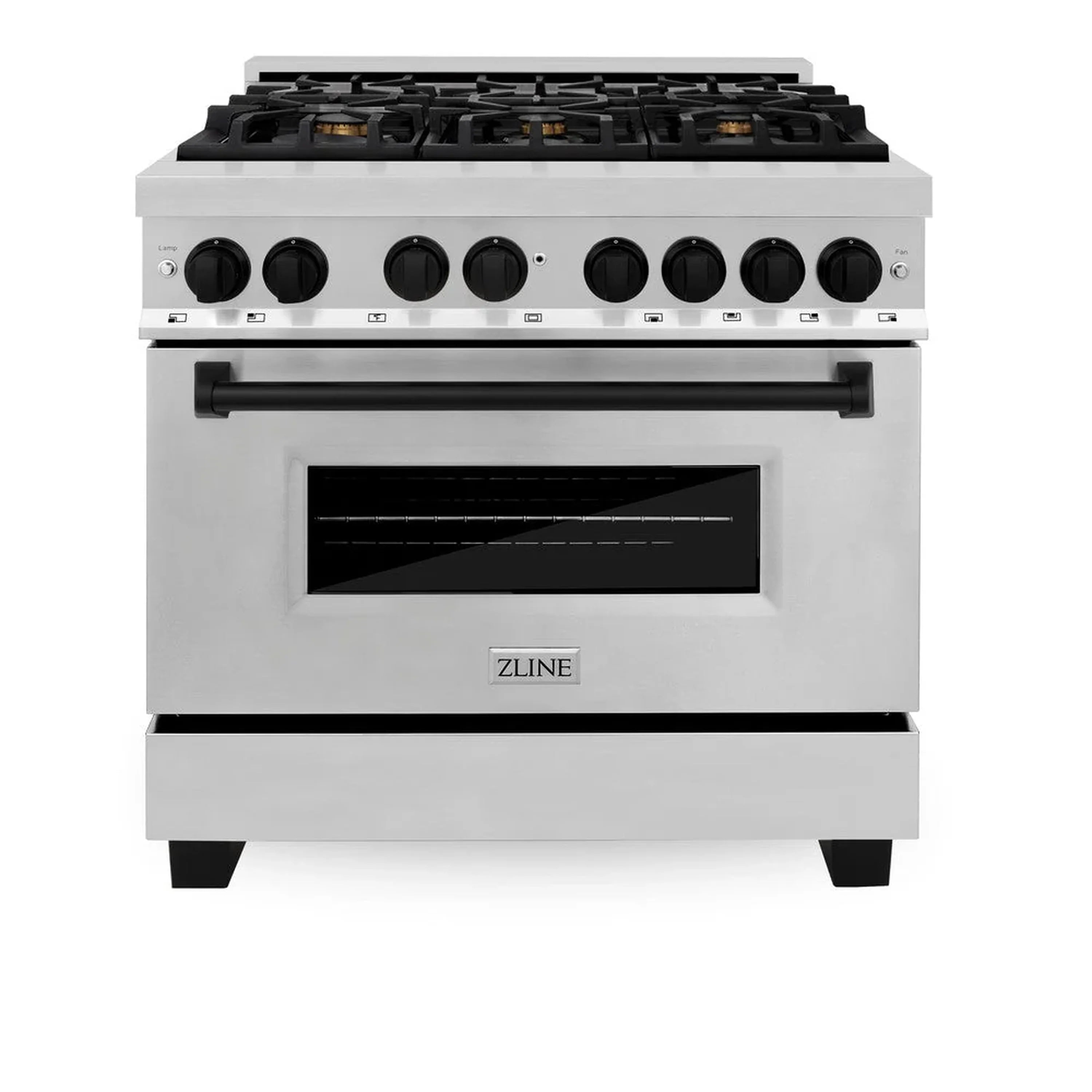 Stainless dual fuel range with black cooktop grates and oven window