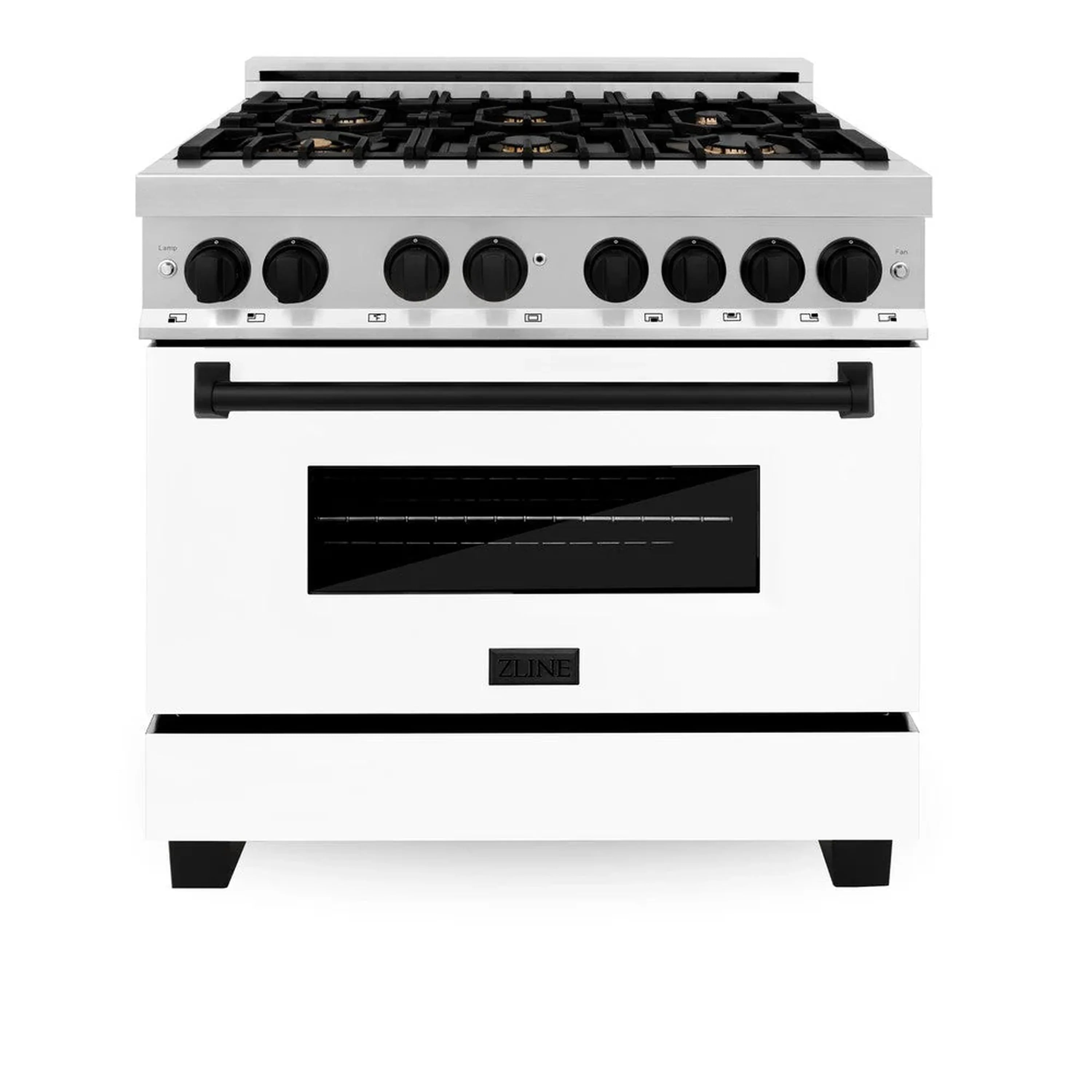 Stainless dual-fuel range front with black burner grates, knobs, and black oven window