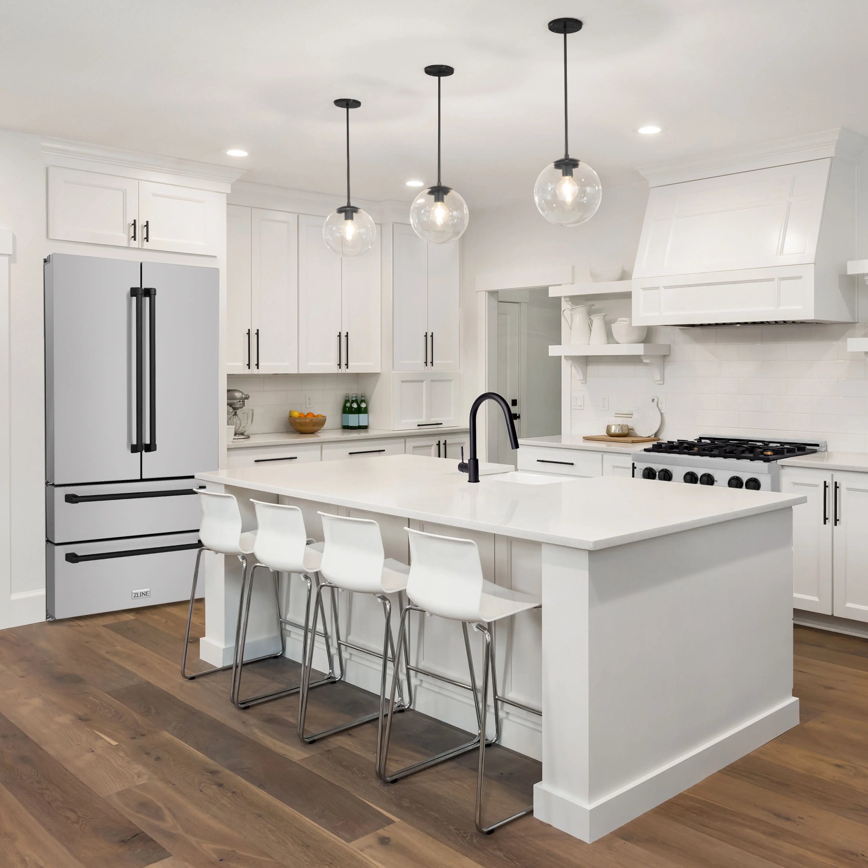 Matte black traditional refrigerator bar handles on white doors, set of 4