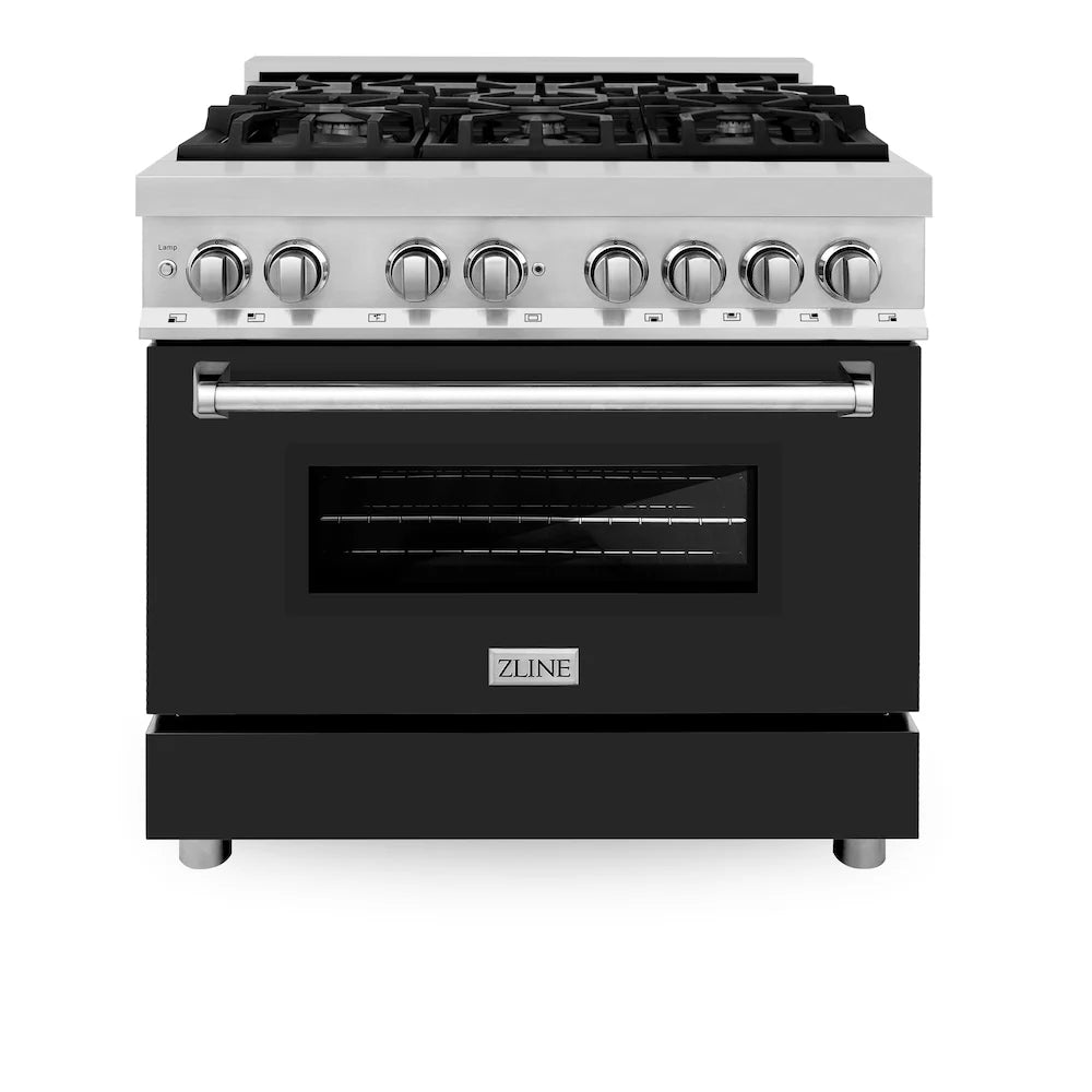 Dual fuel range front view with black oven door and stainless burner controls