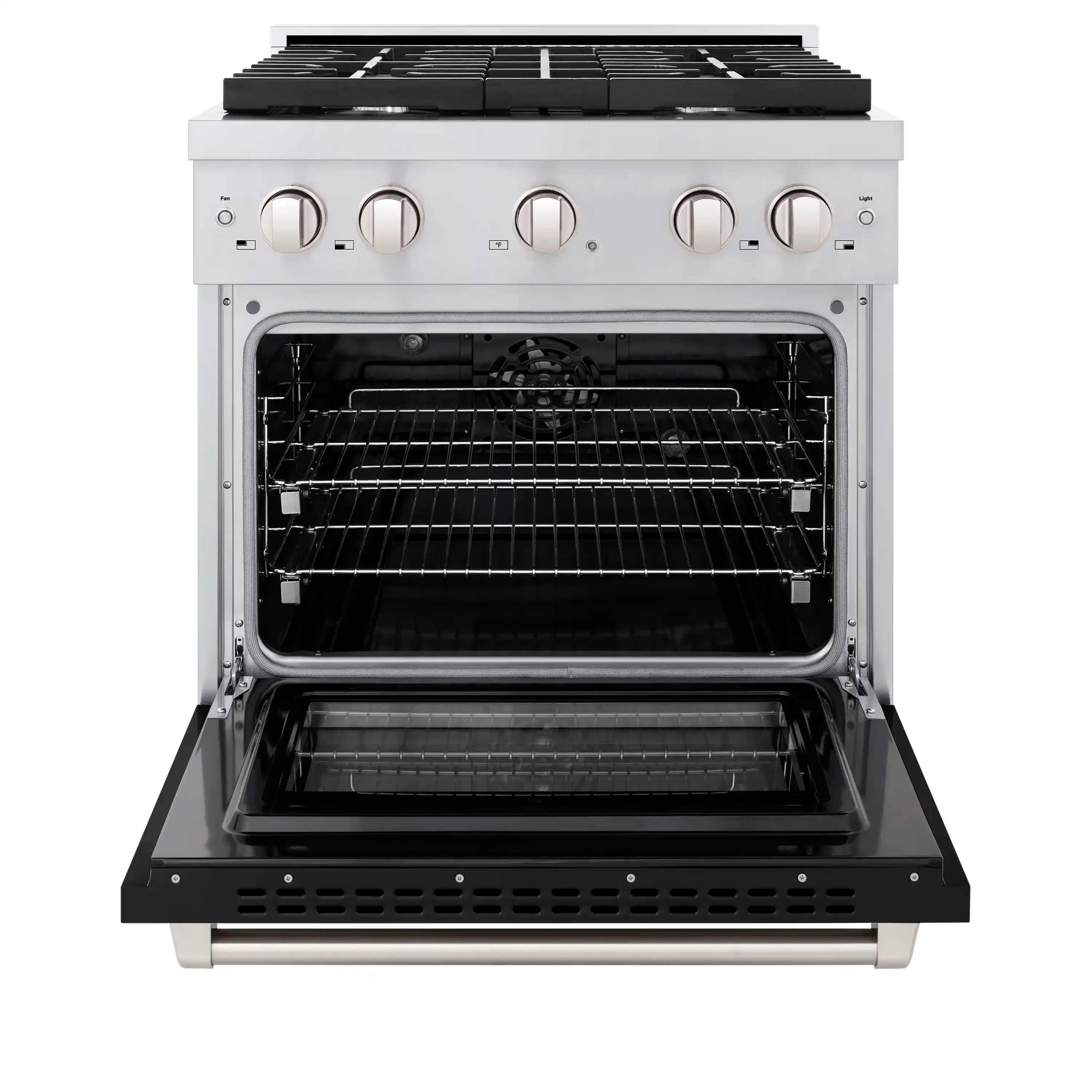 Open electric convection oven with wire racks inside, stainless dual fuel range