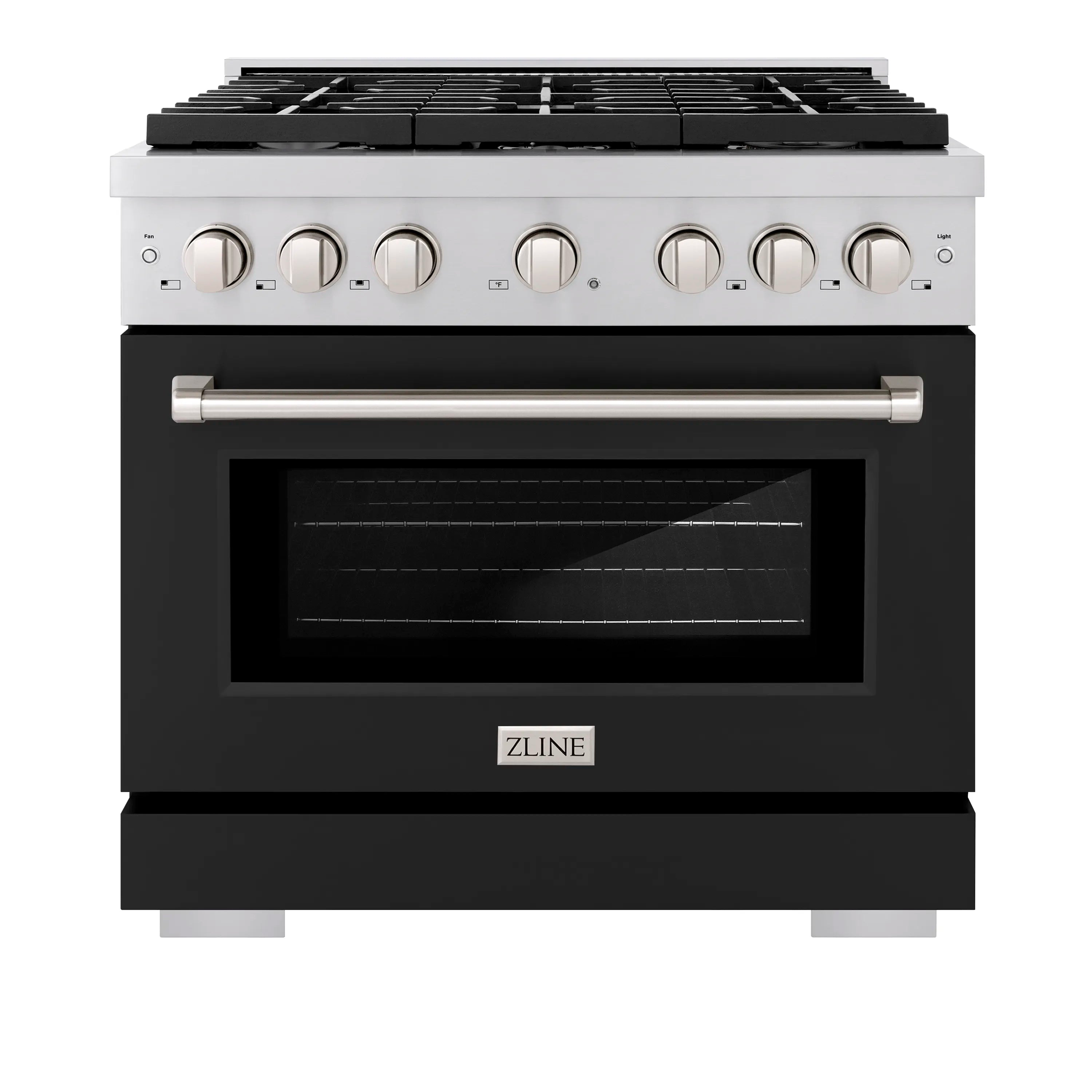 Stainless steel and black dual fuel range with oven door and gas burners on top