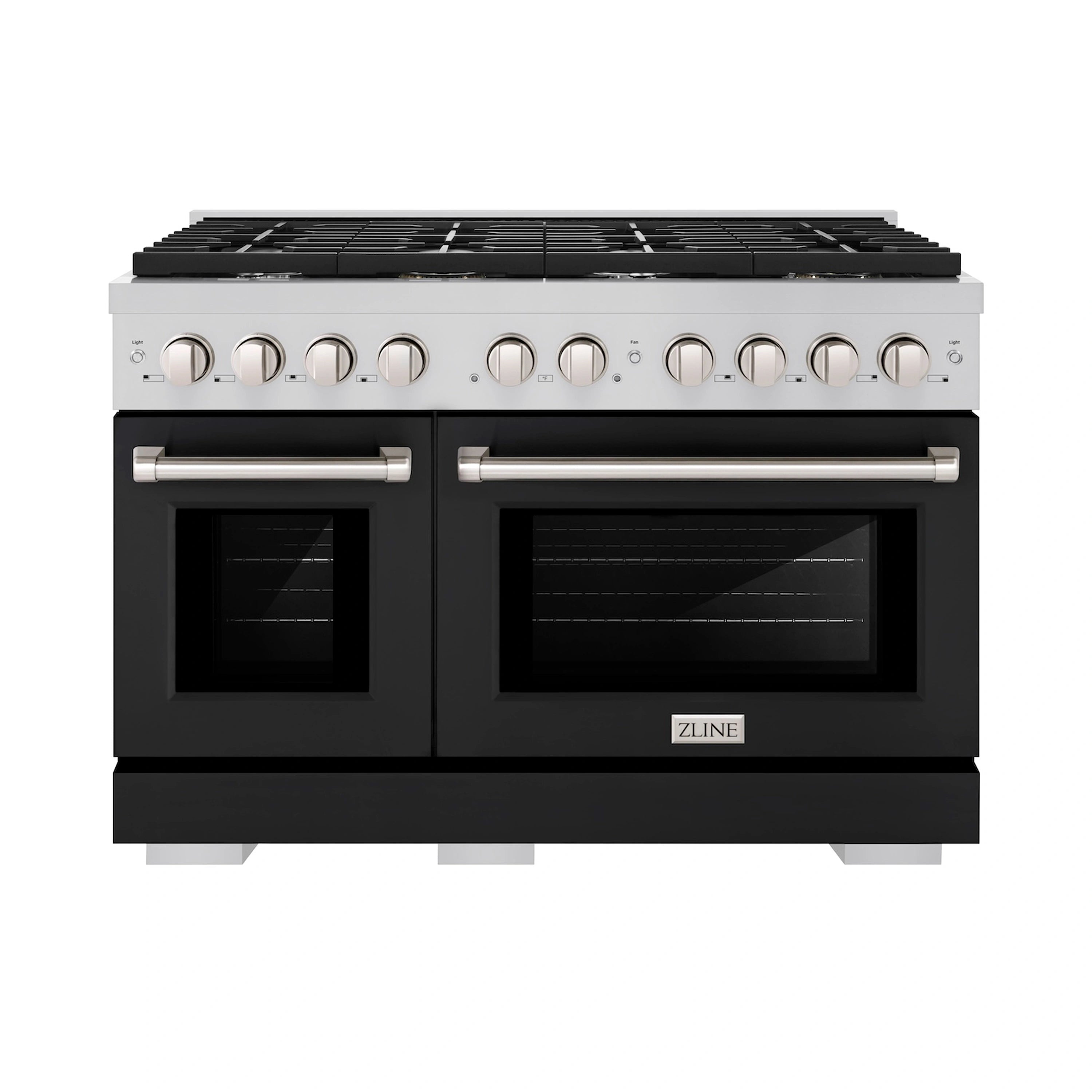 Stainless dual-fuel range with black matte double oven doors and front control knobs
