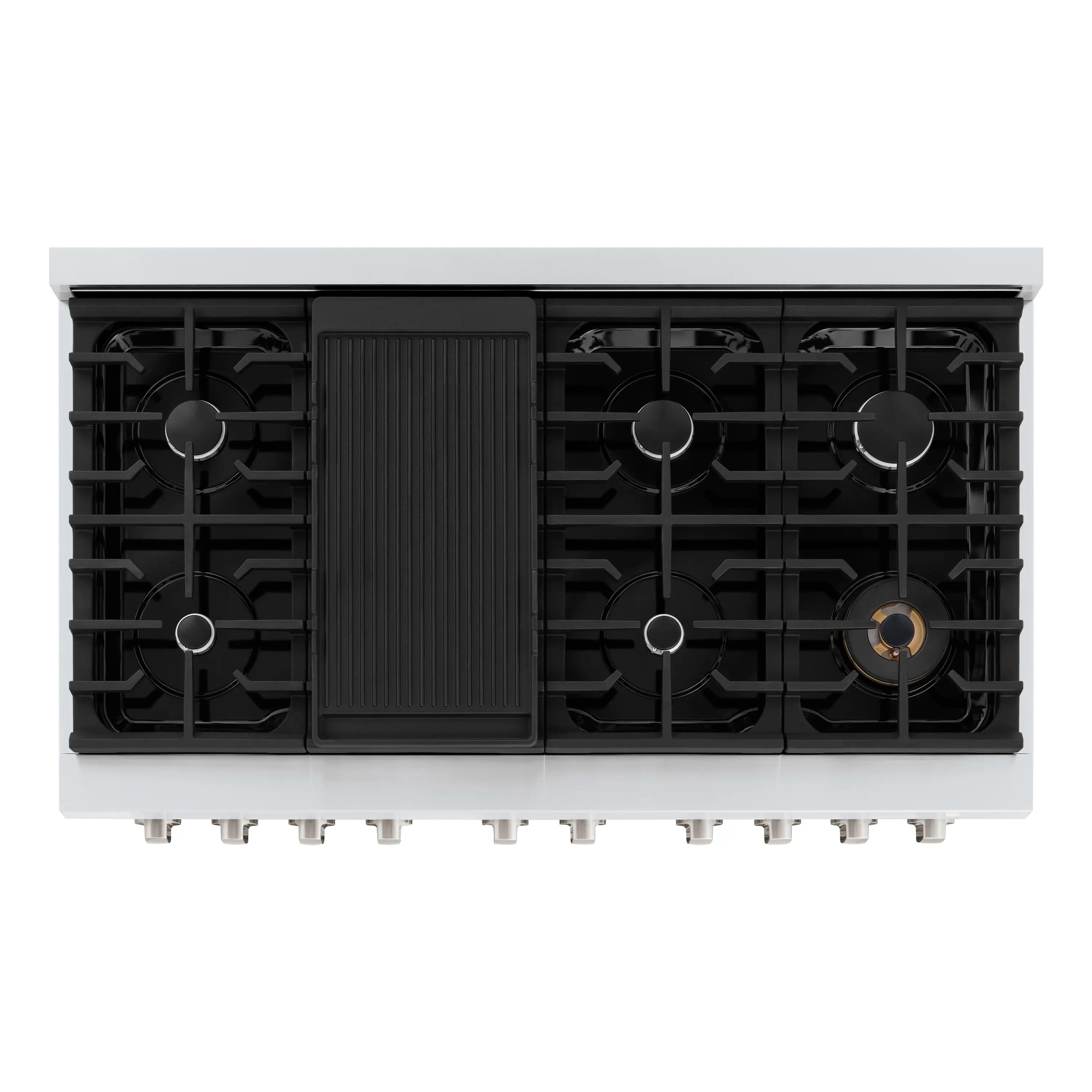 Burner grates and caps on black gas cooktop section of dual-fuel range