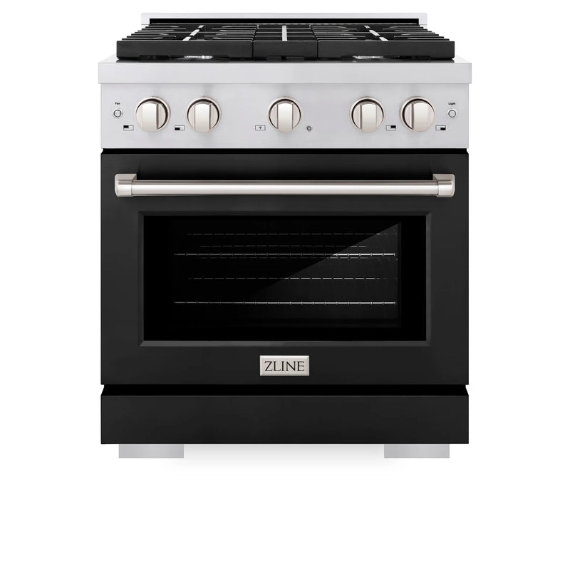 ZLINE 2-Piece Appliance Package - 30-inch Gas Range with Black Matte Door and Convertible Vent Range Hood in Stainless Steel (2KP-RGBLMRH30)