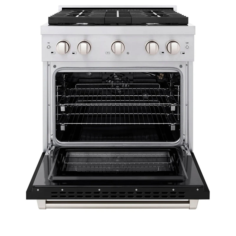 ZLINE 2-Piece Appliance Package - 30-inch Gas Range with Black Matte Door and Convertible Vent Range Hood in Stainless Steel (2KP-RGBLMRH30)