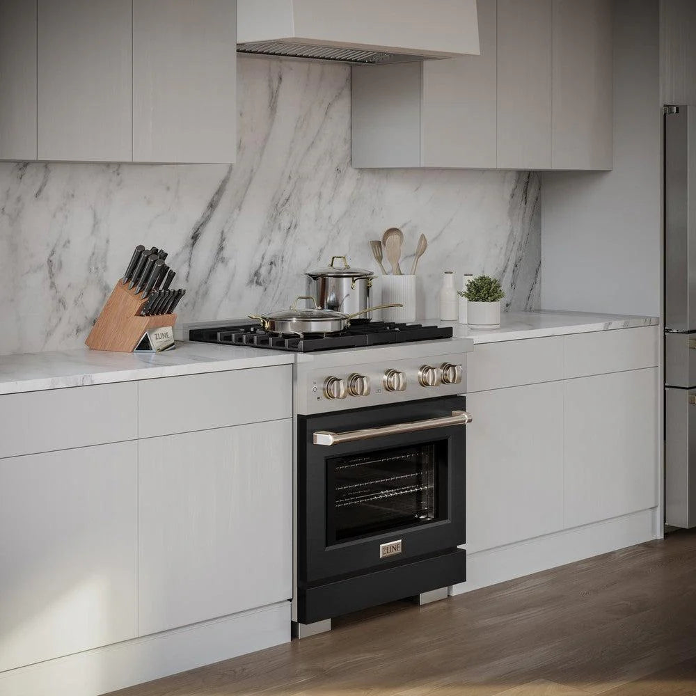 Gas oven rack system and broil compartment with black interior panel