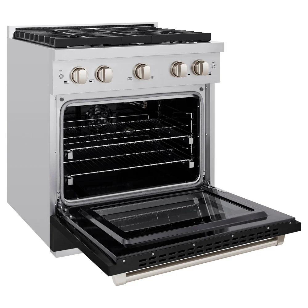 Stainless steel gas range with open oven door and black baking tray