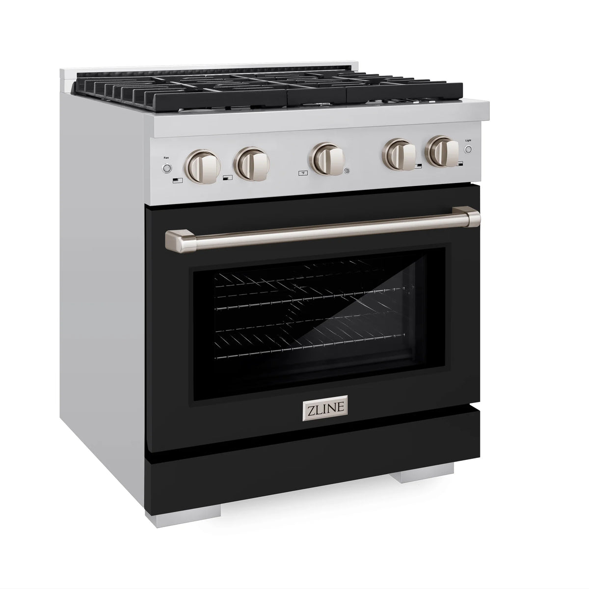 White gas range with black oven window, stainless handle, and front control knobs