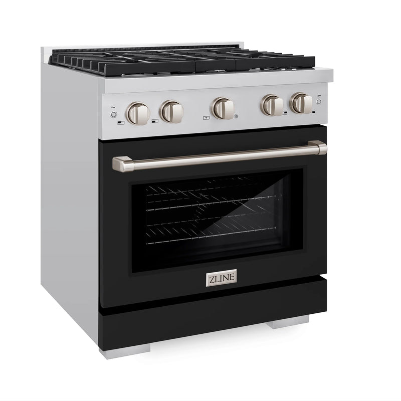 ZLINE 2-Piece Appliance Package - 30-inch Gas Range with Black Matte Door and Convertible Vent Range Hood in Stainless Steel (2KP-RGBLMRH30)