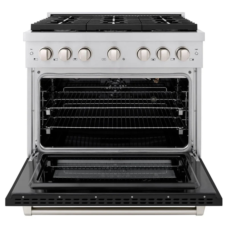 ZLINE 2-Piece Appliance Package - 36-inch Gas Range with Black Matte Door and Convertible Vent Range Hood in Stainless Steel (2KP-RGBLMRH36)