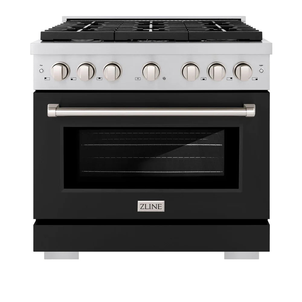 Stainless steel gas range with black matte oven door and six-burner cooktop
