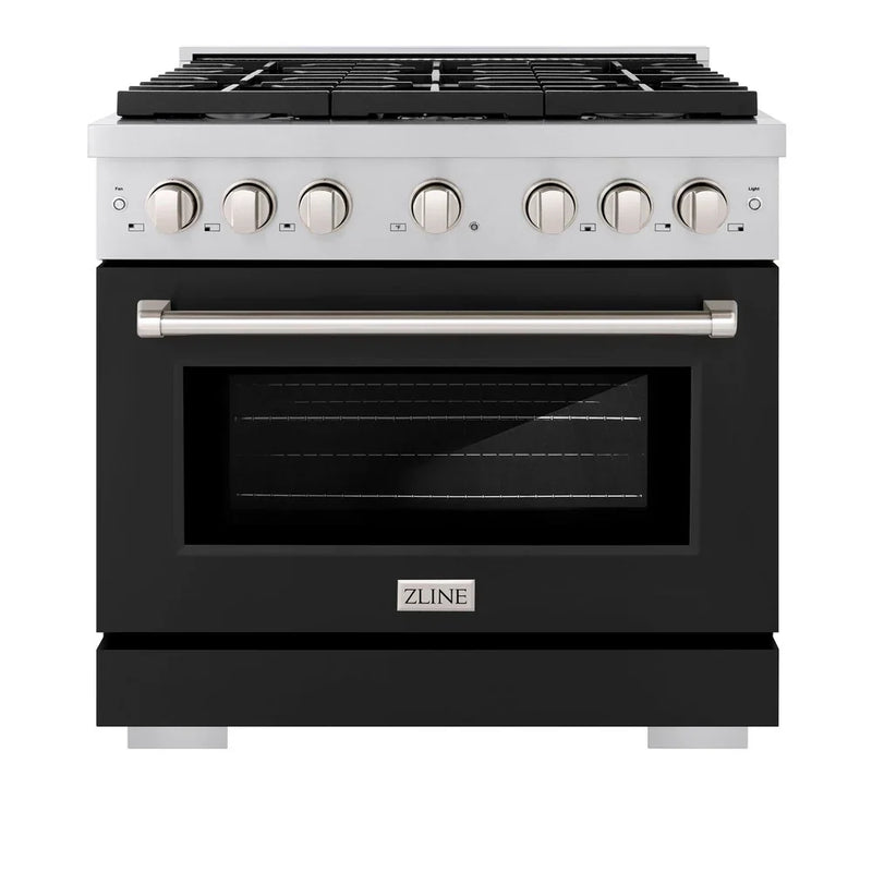 ZLINE 2-Piece Appliance Package - 36-inch Gas Range with Black Matte Door and Convertible Vent Range Hood in Stainless Steel (2KP-RGBLMRH36)