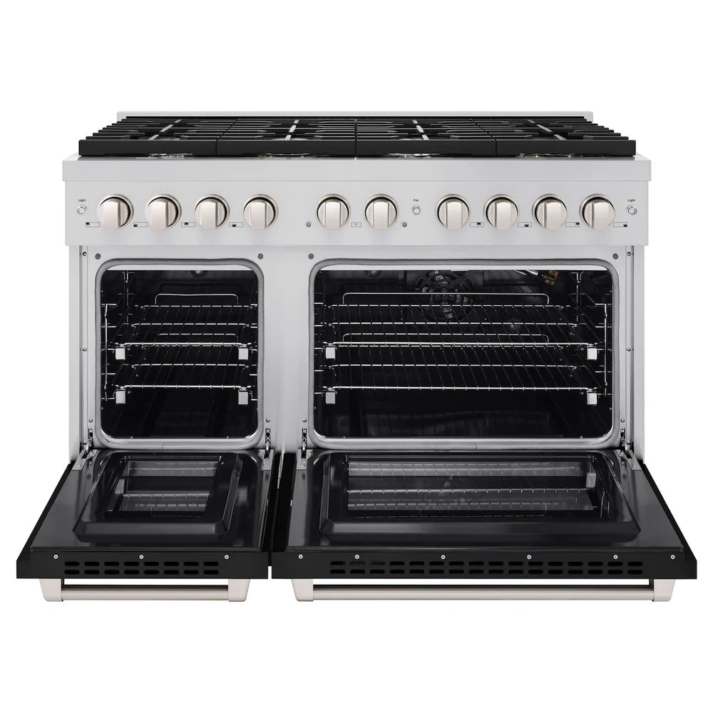Stainless gas range with double oven doors open and black interior racks