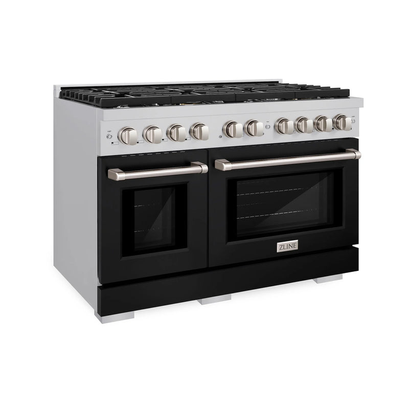 ZLINE 48-Inch Paramount Gas Range with 8 Gas Burners and 6.7 cu. ft. Gas Double Oven in Stainless Steel with Black Matte Doors (SGR-BLM-48)