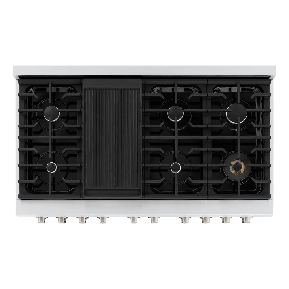 Gas range cooktop with black burner grates and centered control panel, stainless trim