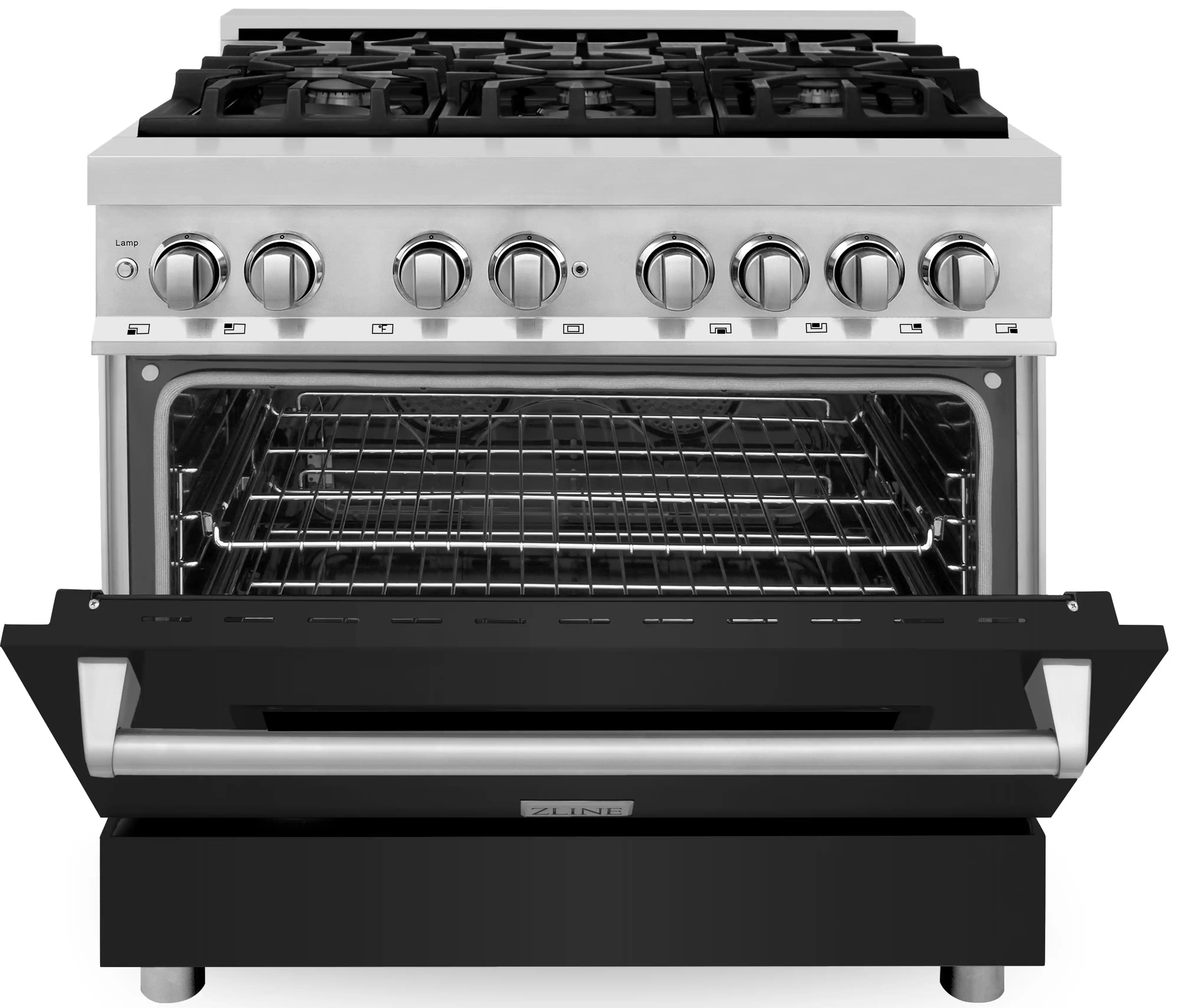 Dual fuel range front with cooktop burners and open oven door